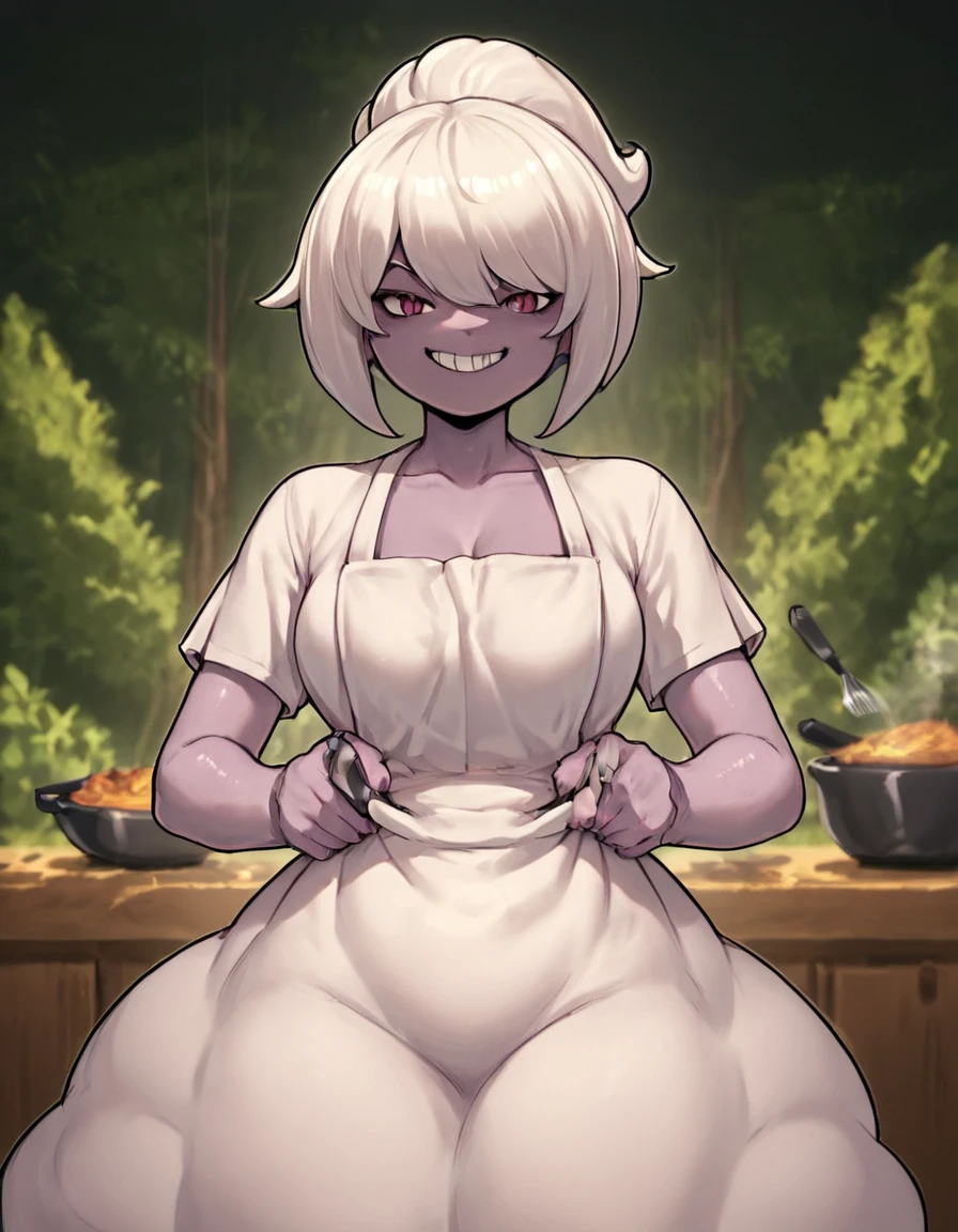 score_9, score_8_up, score_7_up, score_6_up, score_5_up, score_4_up, source_anime, , dazzi, monster girl, solo, forest, apron, kitchen, cooking, smirk