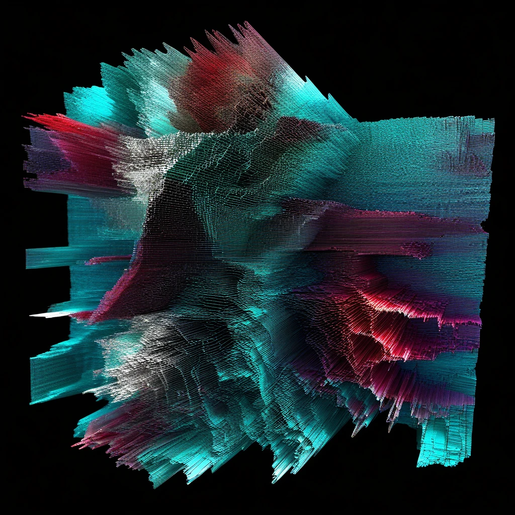 Glitched frequency heightmap, oblique view, red-cyan-dominant colors, mesh, pixel sorting, anaglyph 3D