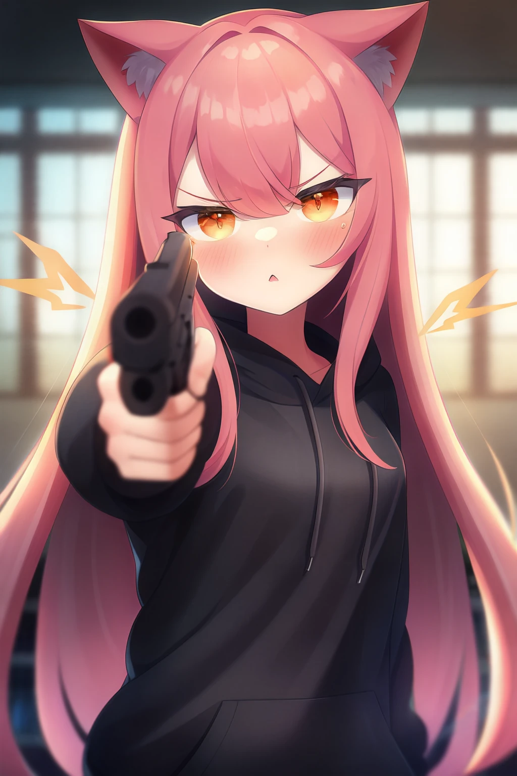 1girl, solo, cat ears, straight hair, pink hair, orange eyes, black hoodie, casual, looking at viewer, angry, holding gun, pointing gun, holding weapon, newest, extremely aesthetic, best quality, indoors, depth of field, pointing at viewer,