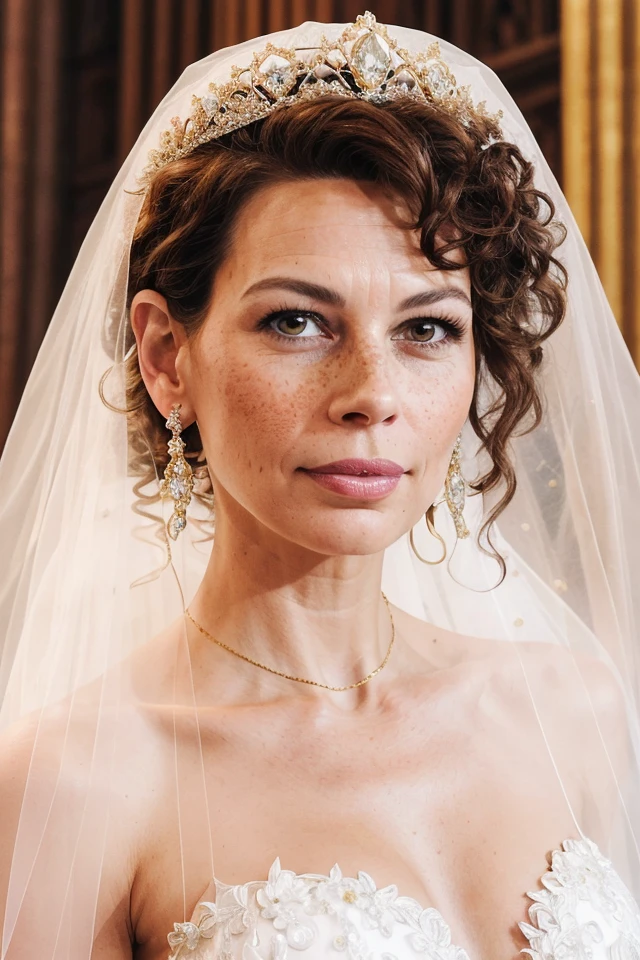donna_langley, woman, young, bride, white wedding dress, big diamond tiara, veil, perfect brown hair, diamond embroidery, portrait, gold jewelry, diamond earrings, looking at viewer, beautiful face, perfect brown eyes, pouty pink lips, perfect skin, few freckles, best quality, indoors, cathedral, church, soft lighting <lora:donna_langley_512p_nocap_16i_8r_12e_64d_32a:0.5>