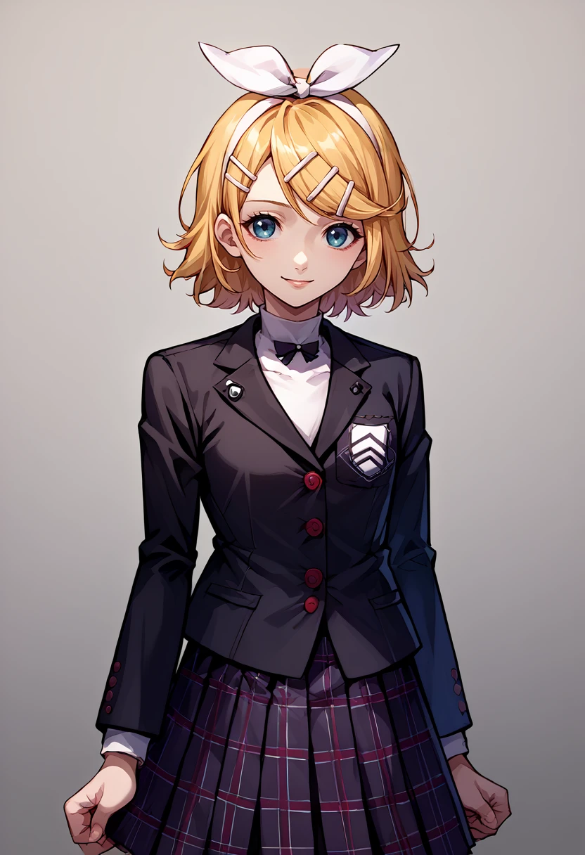 score_9, score_8_up, source_anime, 1girl, solo, KagamineRin, short hair, hairclip, white hairband, hair bow, smile, GirlUniform, shuujin academy school uniform, black jacket, plaid skirt, <lora:ChamShuujinAcademyUniformPonyXL:1> <lora:ChamKagamineRinPonyXL:1>