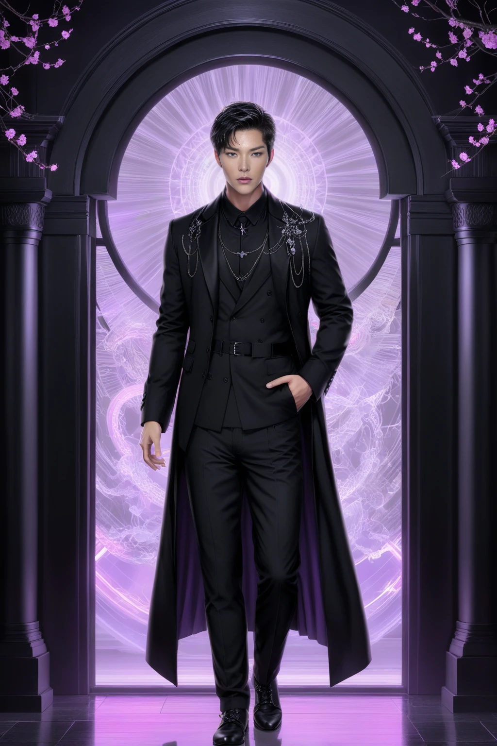 Dreamscape male, black short hair, grey eyes, asian, clothes in black costume, full body, bright neon scene in the background <lora:Castiel XL:0.7> castiel . Surreal, ethereal, dreamy, mysterious, fantasy, highly detailed