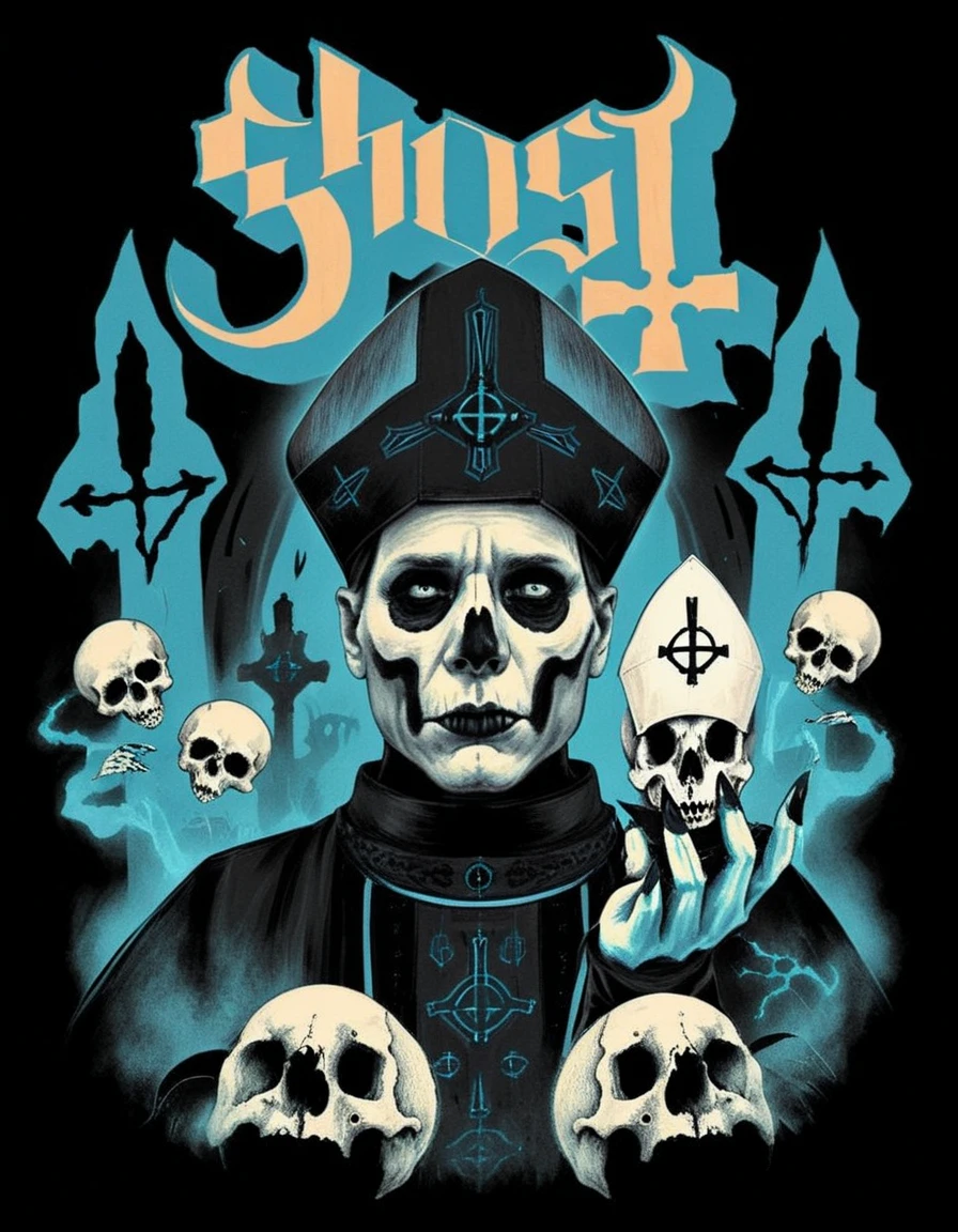 hud_ghst, 1boy, priest, makeup, mouse, skull, [ghost], retro artstyle, <lora:ghost_band_t_shirts-000006:0.8>