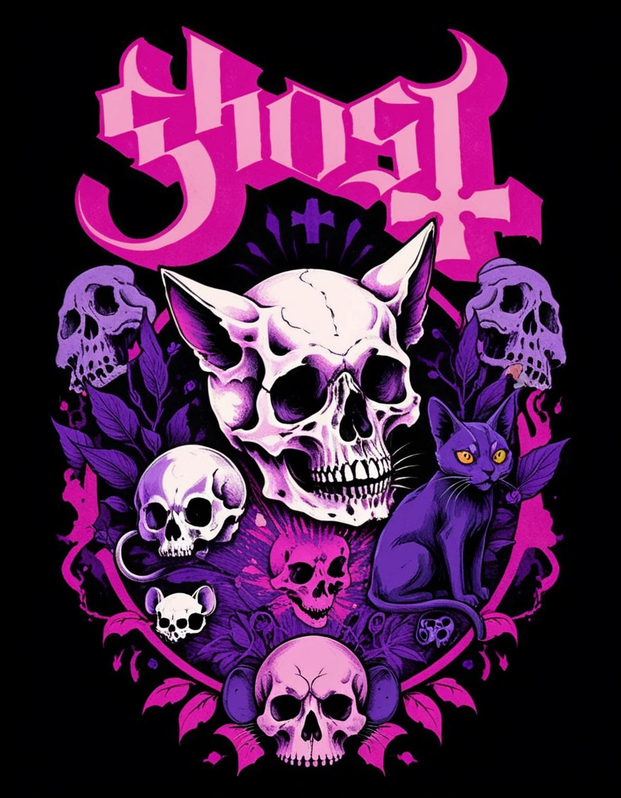 hud_ghst, cat, mouse, skull, [ghost], retro artstyle, <lora:ghost_band_t_shirts-000006:0.6>, pink and purple color scheme