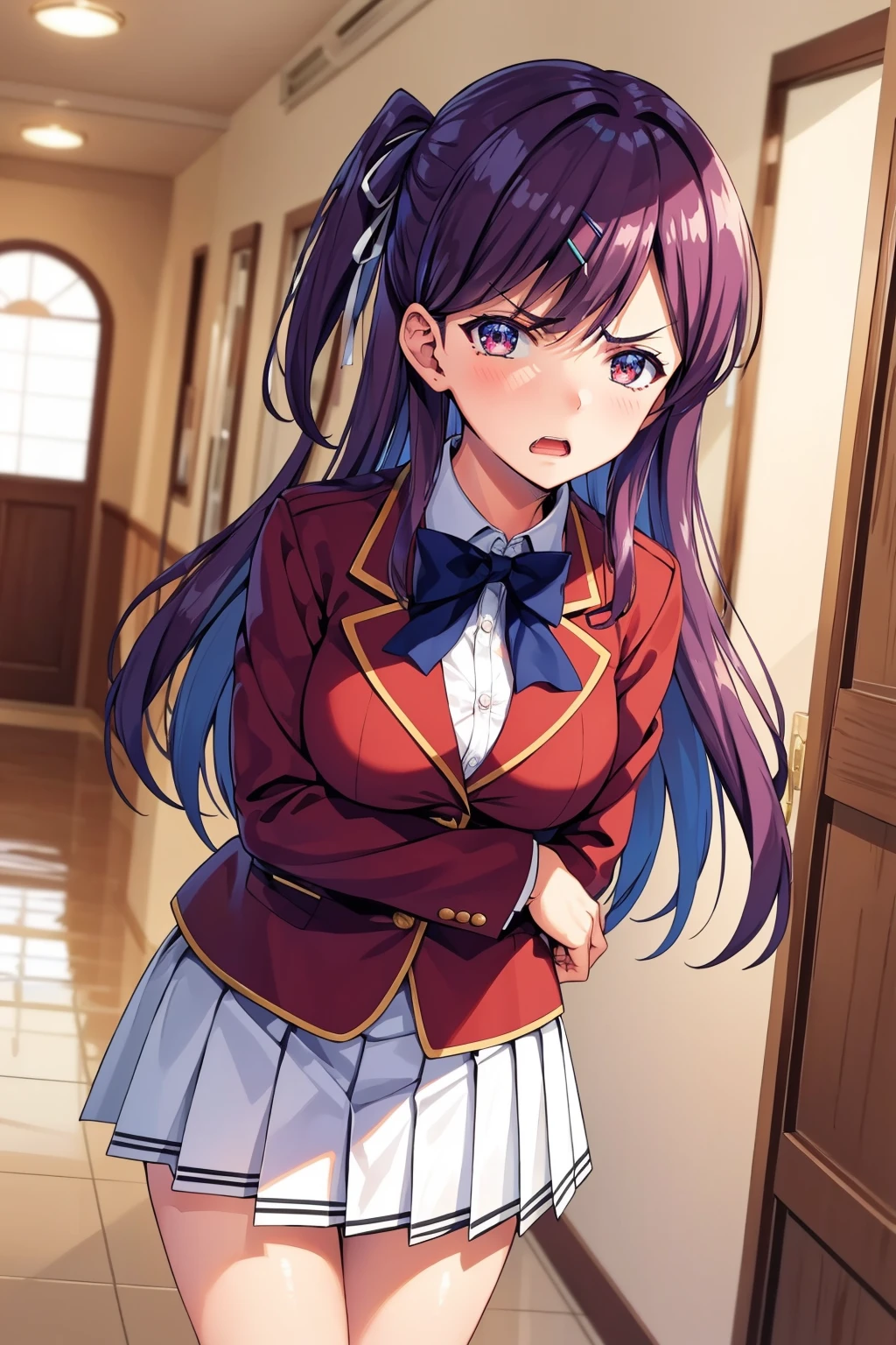 masterpiece, best quality, 1girl,  <lora:kamuromasumi-nvwls-v1-000009:0.9> masumi, one side up, hairclip, red blazer, blue bowtie, long sleeves, pleated skirt, white skirt, furrowed brow, annoyed, open mouth, looking at viewer, leaning forward, hallway