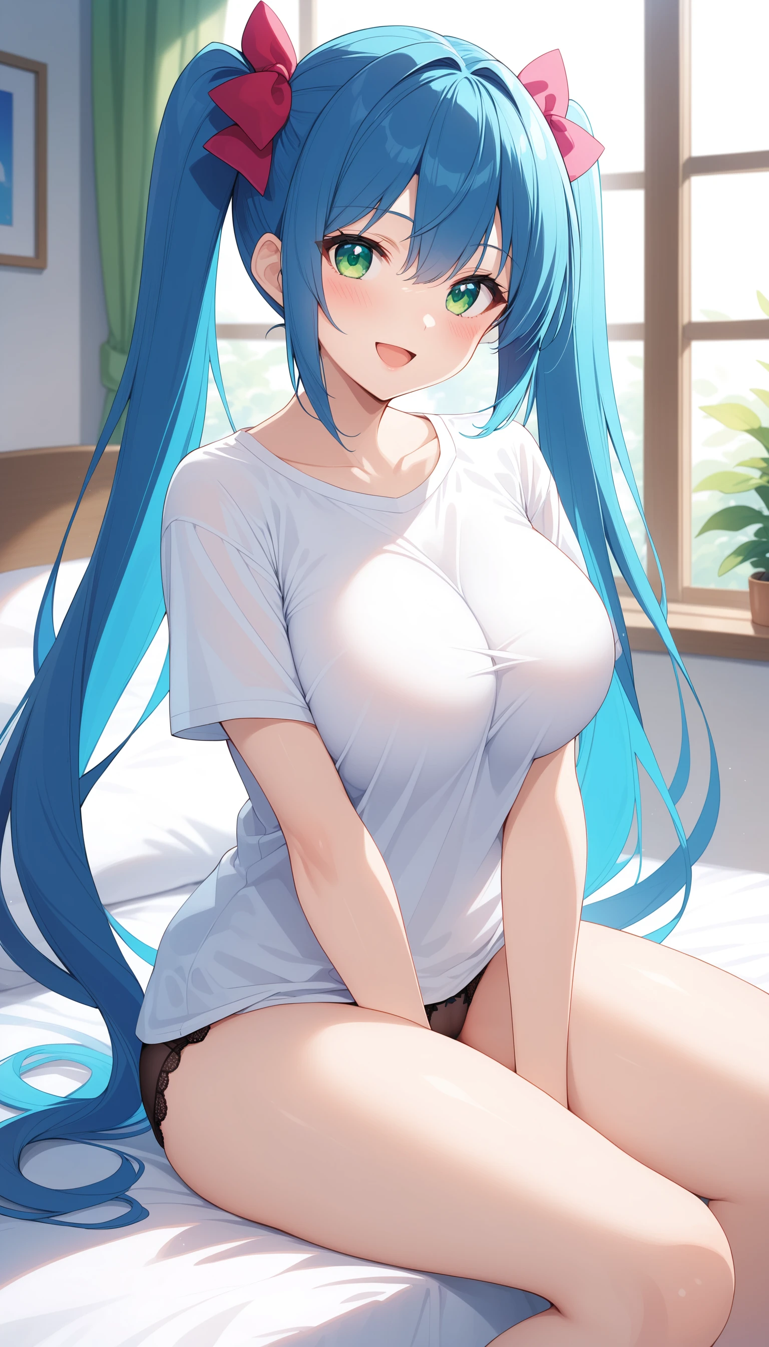 score_9, score_8_up, score_7_up, intricate details,
1girl, solo, long hair, shirt, looking at viewer, large breasts, sitting, underwear, twintails, panties, indoors, white shirt, black panties, smile, green eyes, blue hair, thighs, on bed, blush, pillow, short sleeves, no pants, curtains, between legs, window, very long hair, open mouth, bed, hand between legs, bow, t-shirt, hair bow