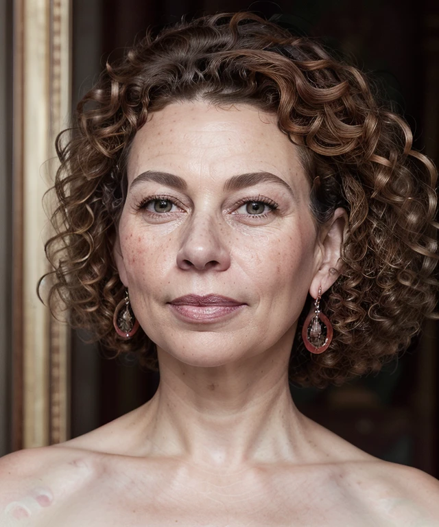 masterpiece, ultra detailed, donna_langley, queen, red dress, intricate dress, regal, portrait, close-up, woman, jewelry, earrings, (looking at viewer:1.3), beautiful face, (curly hair:1.3), (brown hair:1.2), (perfect brown eyes:1.2), pouty pink lips, perfect textured skin, freckles, high resolution, best quality, indoors, castle, ornate, soft lighting, shadows, ambient occlusion <lora:donna_langley:0.4>