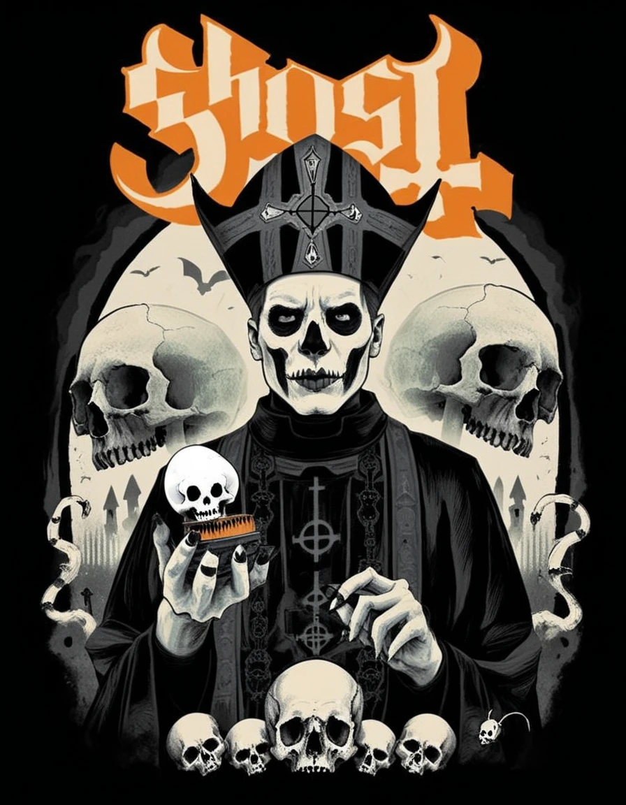 hud_ghst, 1boy, priest, makeup, mouse, skull, [ghost], retro artstyle, <lora:ghost_band_t_shirts-000006:0.7>