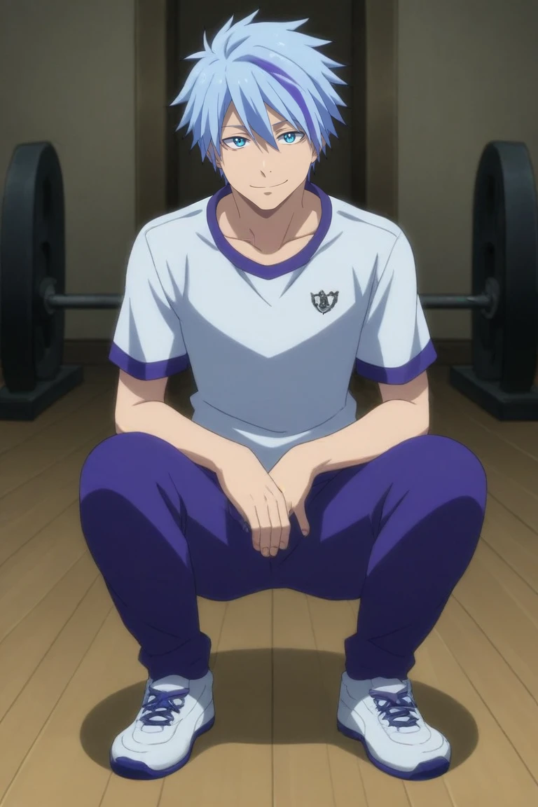 score_9, score_8_up, score_7_up, source_anime, rating_safe, intricate details, (realistic:0.6), looking at viewer, , 1boy, solo, male focus, <lora:dino_tensura_pony:0.74>, dino_tensura, blue hair, blue eyes, short hair, multicolored hair, purple hair, full body, gym, indoors, dark, twisted torso, smirk, , <lora:sdxl_lightning_8step_lora:1>