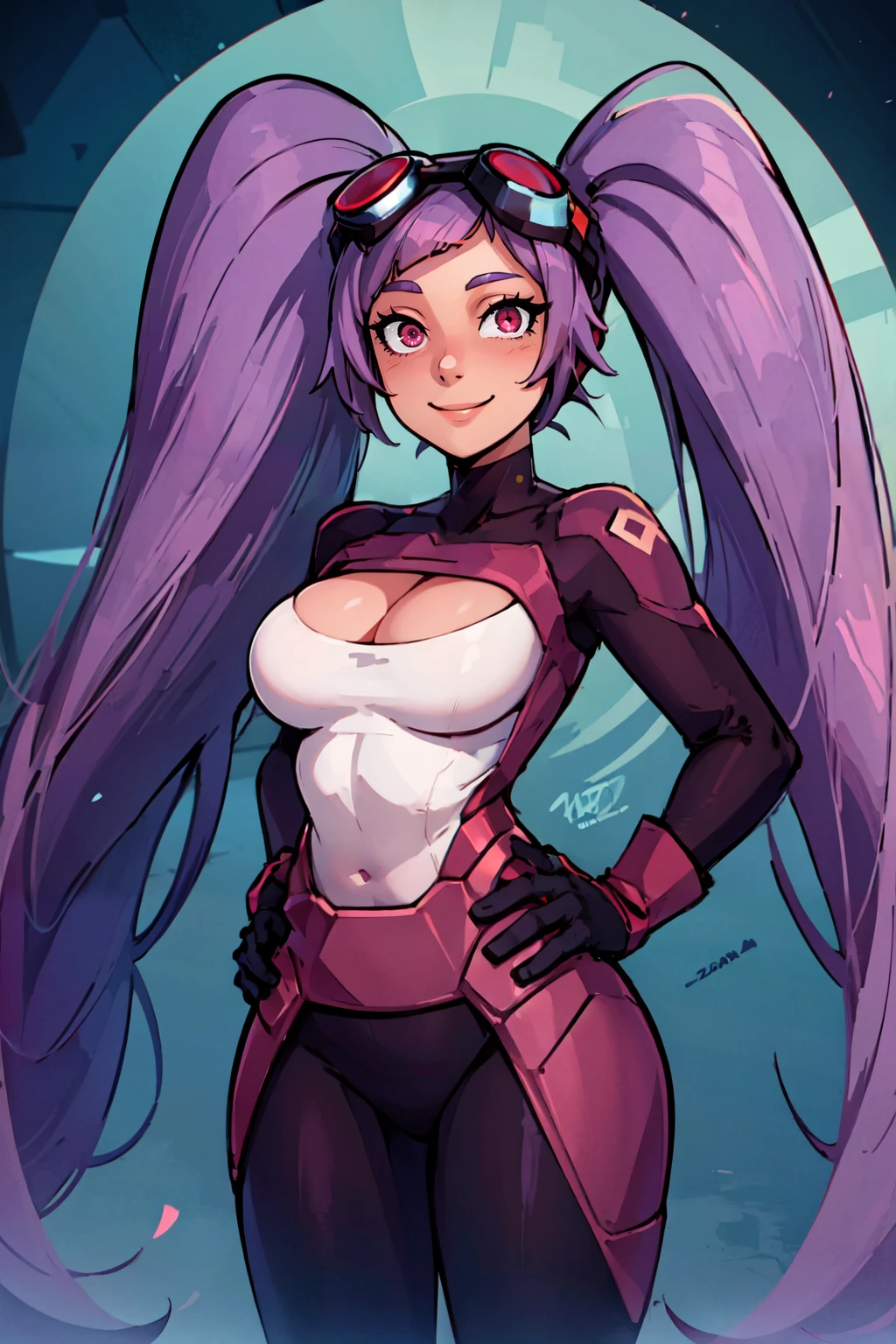 ((masterpiece,best quality)), absurdres, <lora:EntraptaShera_v2:0.7>,    zzEntrapta, red eyes, purple hair, long hair, twintails, very long hair, gloves, bodysuit, goggles on head, large breasts, cleavage, clothing cutout,  solo, cowboy shot, hand on hip, smile, looking at viewer,