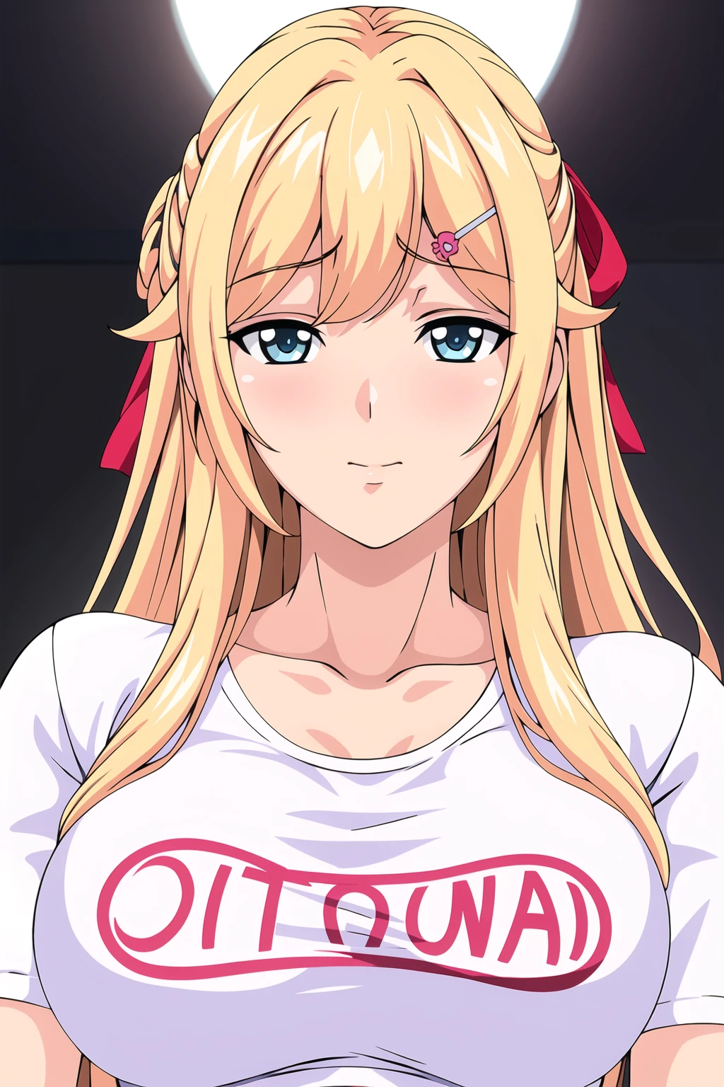 Simple White Background,
dynamic pose,standing at attention,
white shirt with the word otona on it, short sleeves, collarbone,
<lora:Otona_Mitsuki_MankitsuHappening-KK77-V2:0.7>,
Blue eyes, blonde hair, bangs,Long hair,hair ornament, red hair ribbon,
<lora:Oda_Non_Style-KK77-V2:0.3>,<lora:more_details:0.1>,
1 girl, 20yo,Young female,Beautiful long legs,Beautiful body,
Beautiful Nose,Beautiful character design, perfect eyes, perfect face,expressive eyes,perfect balance,
looking at viewer,(Focus on her face),closed mouth, (innocent_big_eyes:1.0),(Light_Smile:0.3),
official art,extremely detailed CG unity 8k wallpaper, perfect lighting,Colorful, Bright_Front_face_Lighting,White skin,
(masterpiece:1.0),(best_quality:1.0), ultra high res,4K,ultra-detailed,
photography, 8K, HDR, highres, absurdres:1.2, Kodak portra 400, film grain, blurry background, bokeh:1.2, lens flare, (vibrant_color:1.2),professional photograph,
(Beautiful,large_Breasts:1.4), (beautiful_face:1.5),(narrow_waist),
