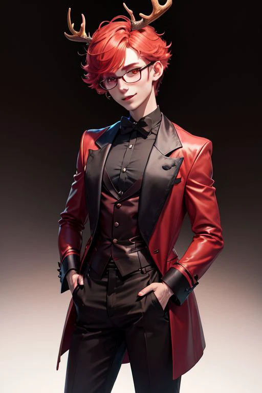 1boy absurdres alastor_(hazbin_hotel) antlers black_eyeshadow black_shirt coat collared_shirt colored_sclera cowboy_shot deer_antlers deer_boy demon demon_boy demon_horns eyeshadow formal glasses gradient_background grin hands_in_pockets hazbin_hotel hb_dreaming highres horns long_sleeves looking_at_viewer makeup multicolored_coat multicolored_hair open_clothes open_coat pants red_eyes red_hair red_pants red_sclera red_shirt sharp_teeth shirt slit_pupils smile solo teeth two-tone_coat two-tone_hair two-tone_shirt yellow_teeth