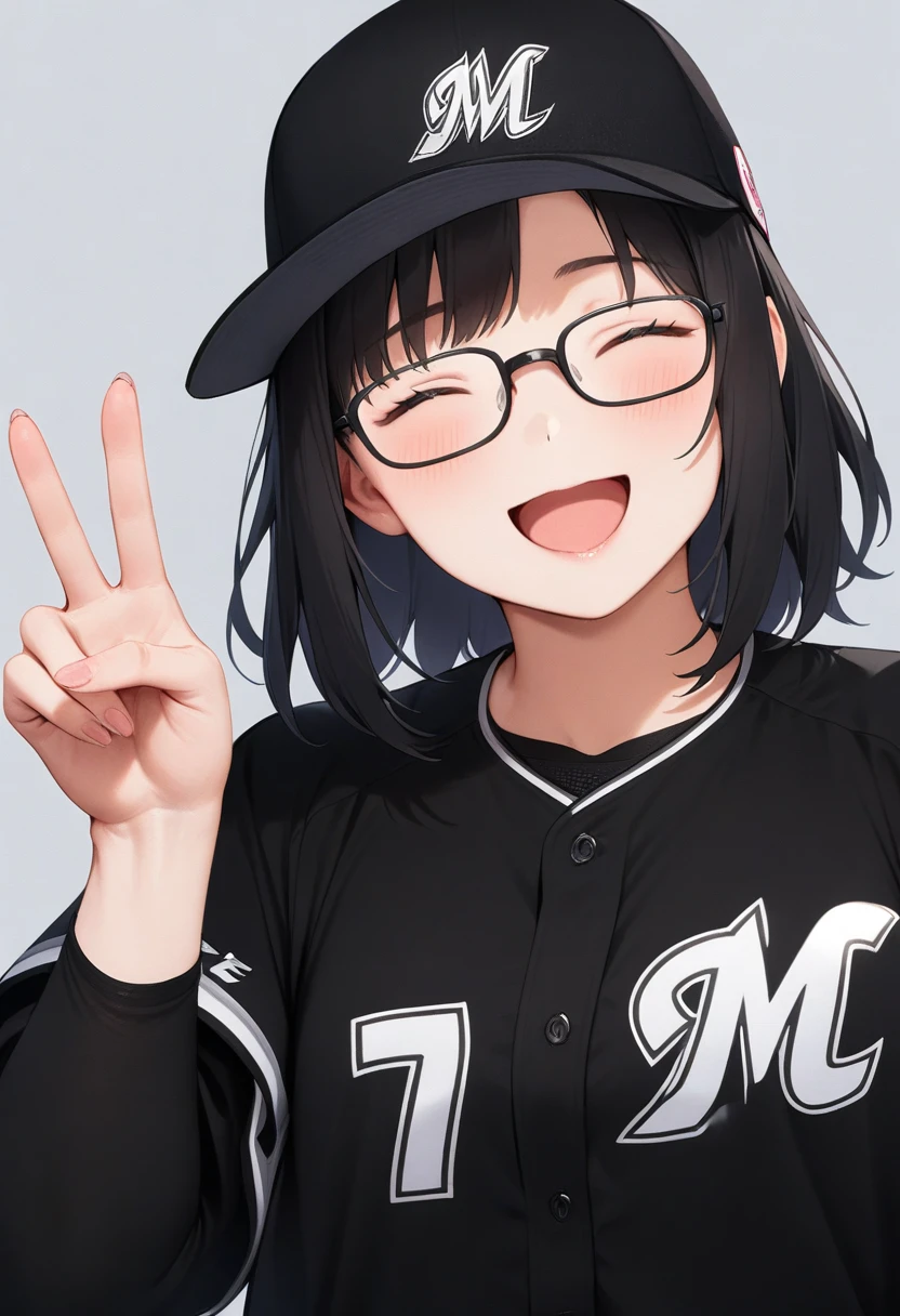 masterpiece, best quality, very aesthetic, absurdres,
1girl, solo, glasses, black hair, medium hair, happy, smile, v, closed eyes, open mouth, 
chibalotteV, baseball uniform, black shirt, baseball cap, black cap, grey background, simple background, upper body,
 <lora:ChibaLotteMarinesUniformV_SDXL_V1:1>