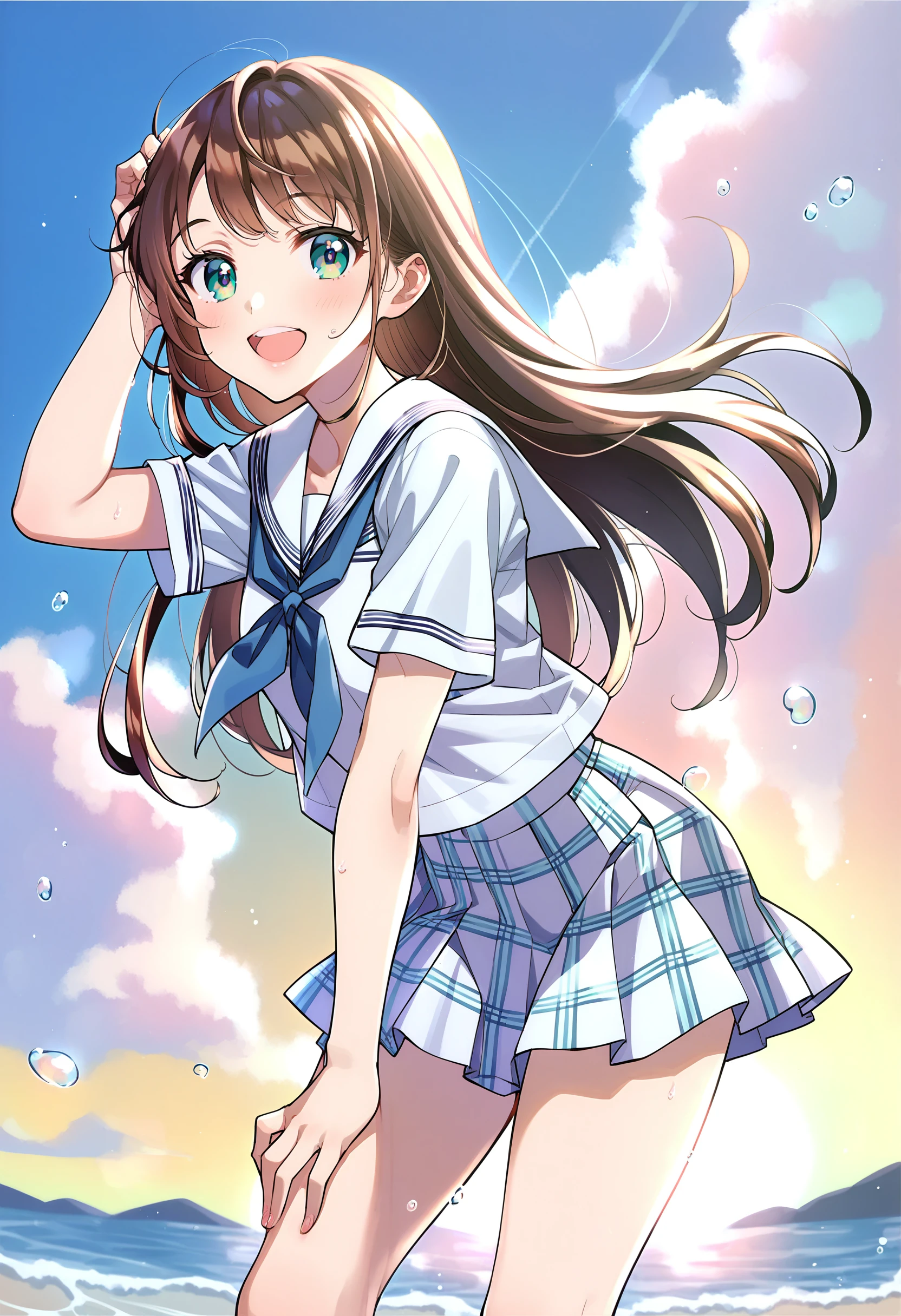 score_9, score_8_up, score_7_up, score_6_up, score_5_up, score_4_up, source_anime, <lora:Pony_Style8356194477v3-000210>, 1girl, solo, outdoors, school uniform, long hair, white skirt, white shirt, short sleeves, plaid, plaid skirt, evening, sky, smile, open mouth, beach, serafuku, pleated skirt, aqua eyes, looking at viewer, ocean, cloud, blue neckerchief, white sailor collar, standing, blush, leaning forward, brown hair, teeth, bare legs, water, arm up, from side