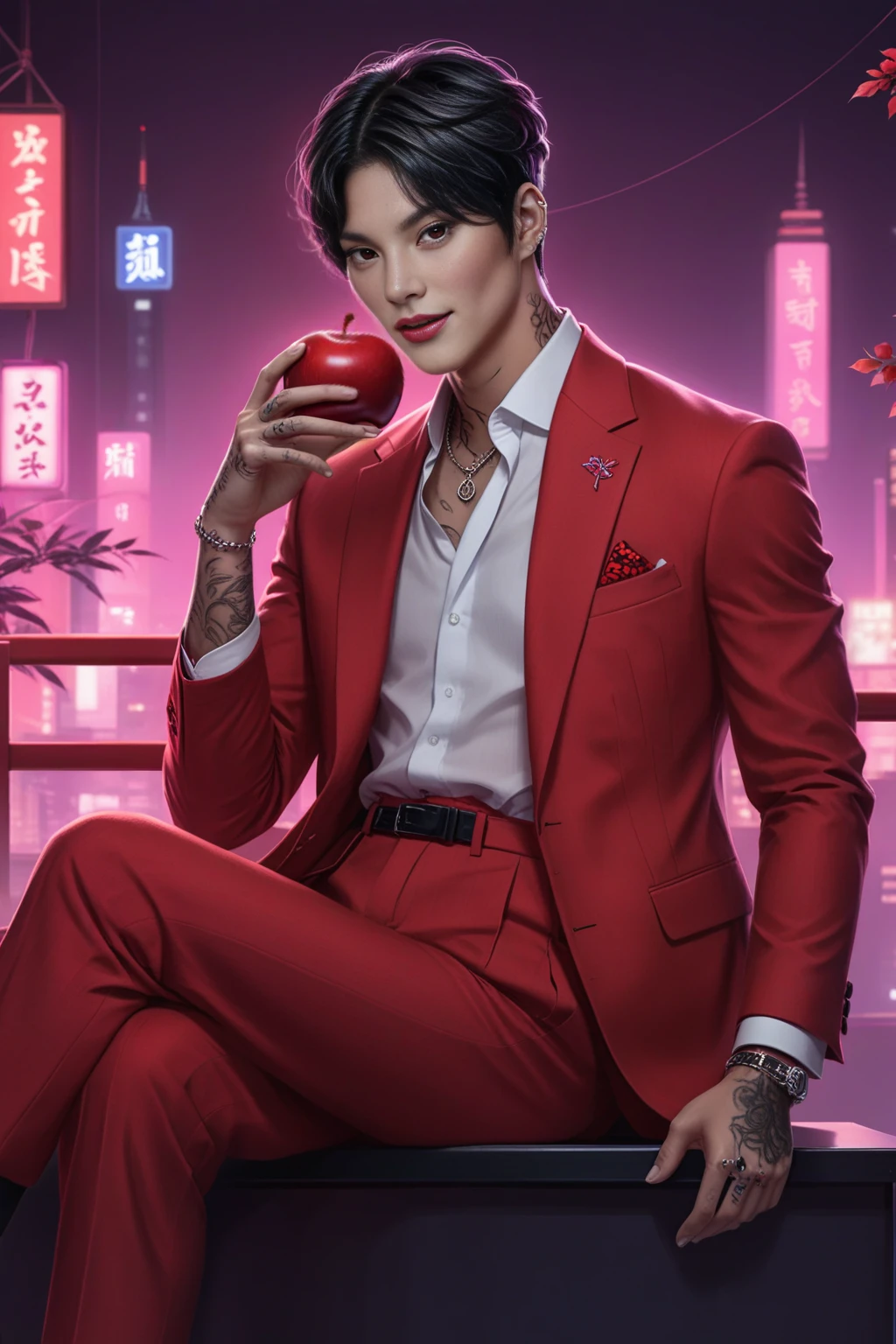 Dreamscape male, black short hair, black eyes, smirk, tattoo, asian, clothes in opened red fashion suit,holding a black apple in hand, full body, sitting, night korean city neon background, realistic  <lora:Minhek XL:0.7> minhek . Surreal, ethereal, dreamy, mysterious, fantasy, highly detailed