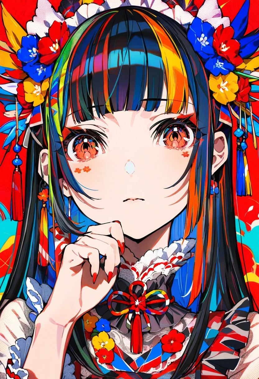 masterpiece, best quality,<lora:MikaPikaZoXL_ANI31_lokr_V4302:0.95> 1girl, solo, red nails, looking at viewer, bangs, red eyes, long hair, nail polish, black hair, hair ornament, hand up, flower, blunt bangs, closed mouth, tassel, ribbon, portrait, colorful, red background, frills, multicolored hair, upper body, fingernails