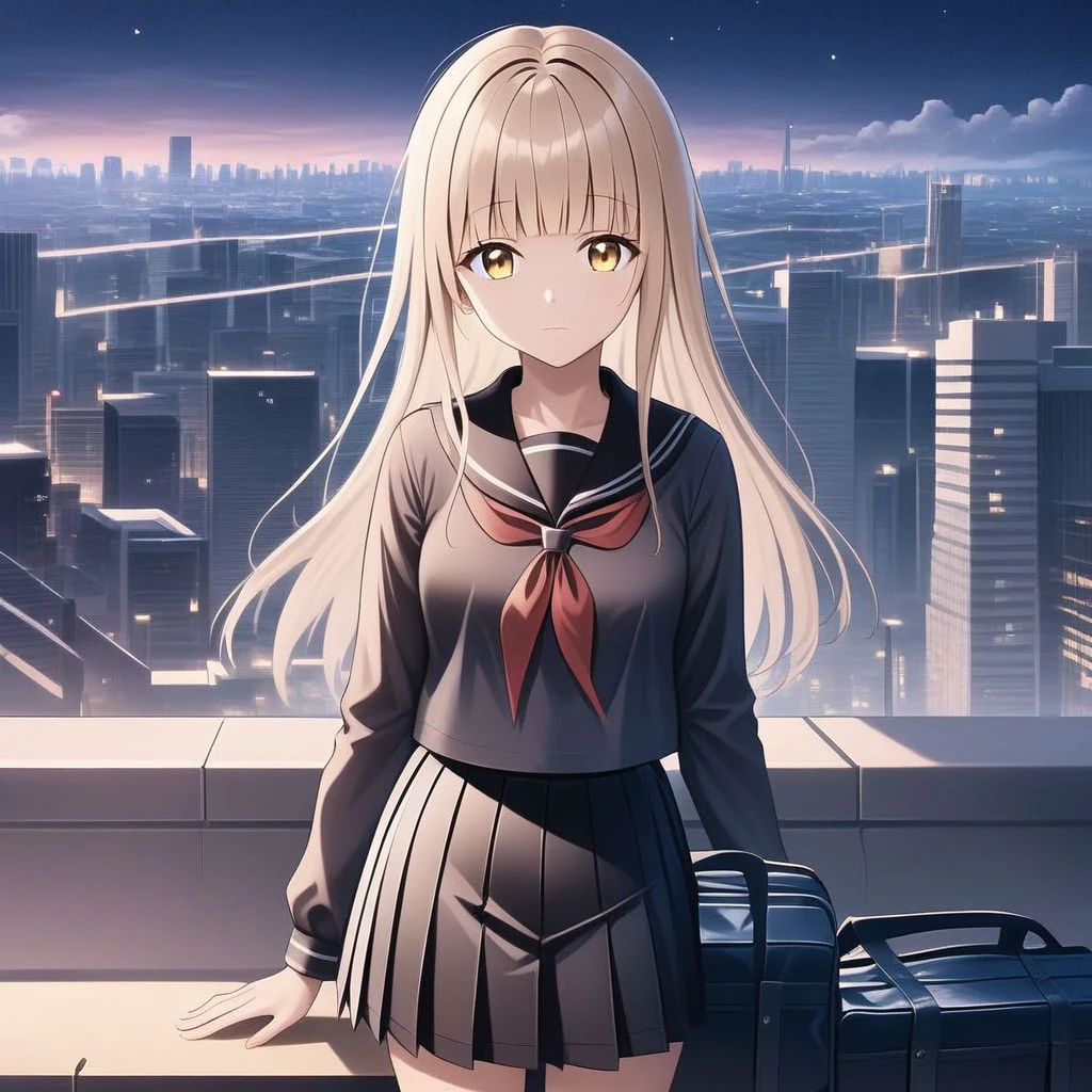 ((masterpiece,best quality)),1girl, solo, Yellow eyes, Blond hair, Long Hair, perfect detailed eye, sailor collar, looking at viewer, building, bangs, neckerchief, long sleeves, cloudy sky, power lines, shirt, cityscape, pleated skirt, scenery, blunt bangs, city, night, black sailor collar, closed mouth, black skirt, medium hair, school bag