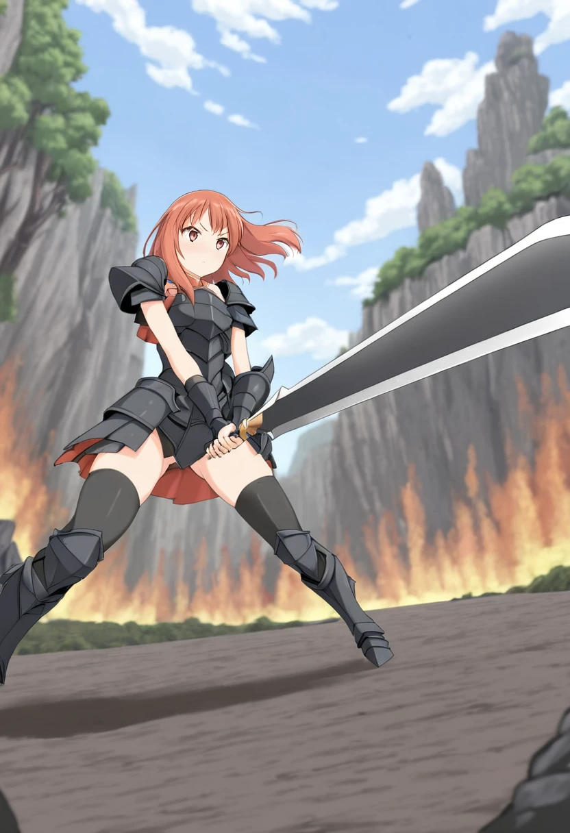 1girl, 
brave perspective, holding sword, 
skimpy black armored battle dress, armored thighhighs,
dynamic,
fantasy background,
 <lora:brave-perspective:1>