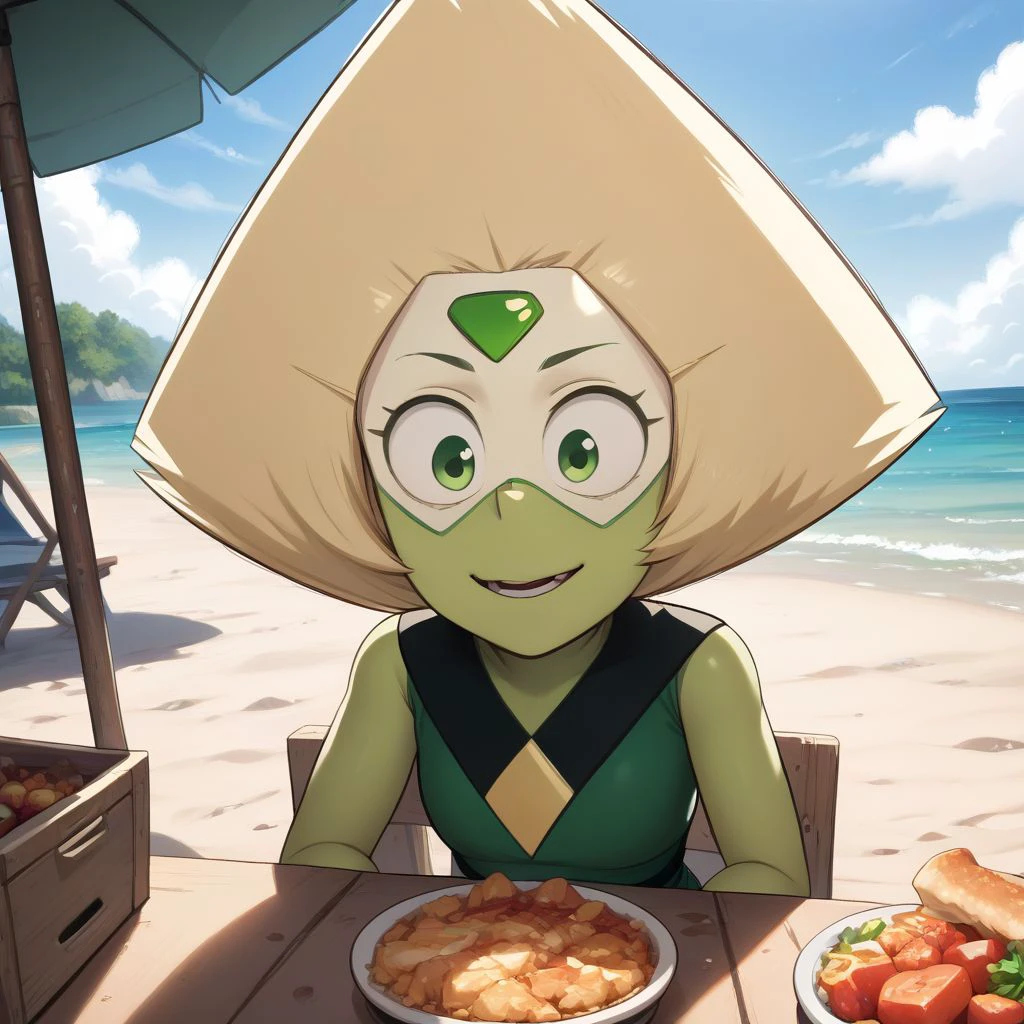 score_9, score_8_up, score_7_up, 8k uhd, masterpiece, best quality, high quality, absurd res, ultra-detailed, (highly detailed), solo, 1girl ,peridot, gem, forehead jewel, green, happy, food, food in table , sitting, beach house, cinematic lighting,  perfect shading, dynamic angle, unique angle, volumetric lighting, Expressiveh, <lora:add-detail-xl:1.2> ,  greatm8 style,