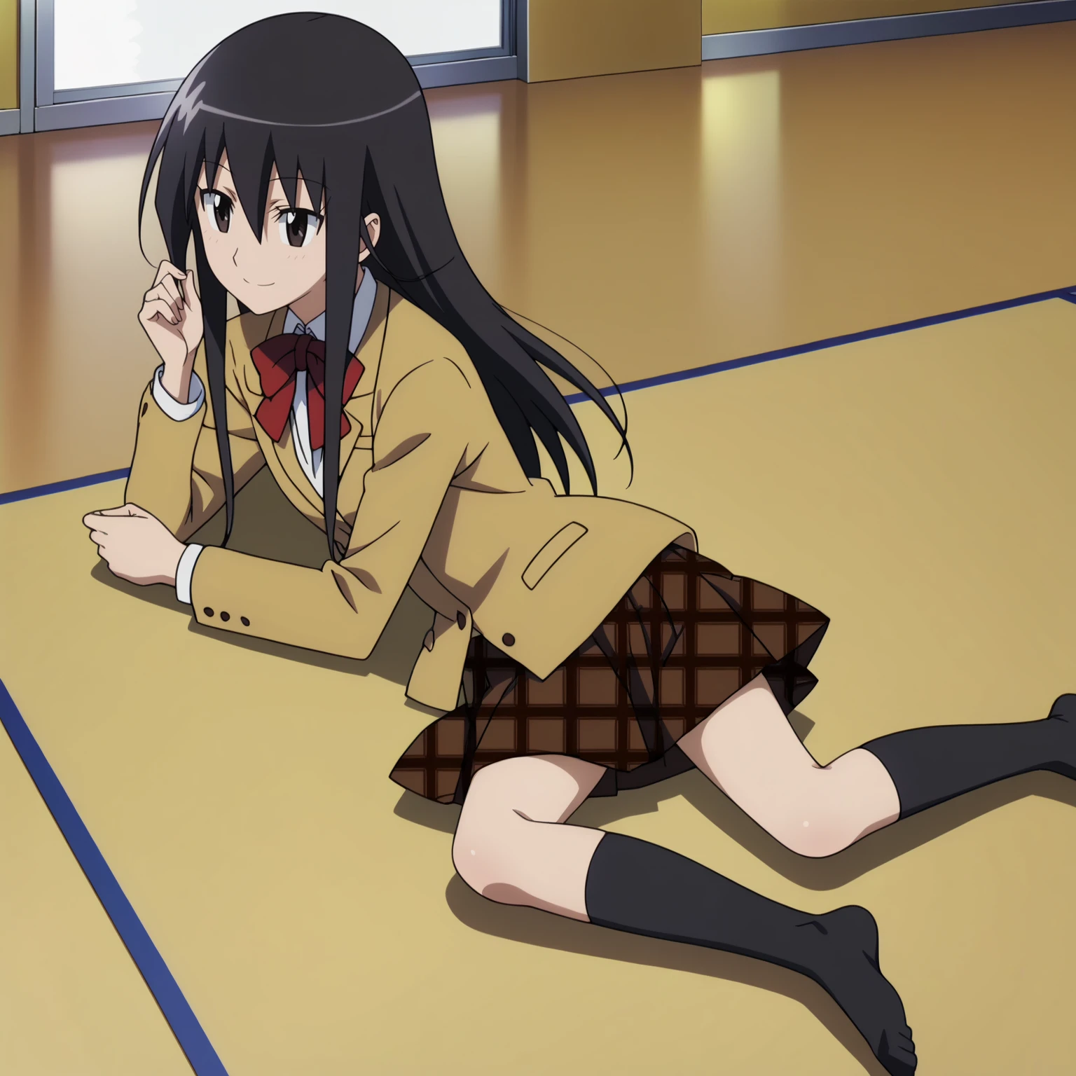 <lora:ShinoAmakusaXLpony001>,
smile,
solo,
ShinoAmakusa,1girl,black hair,long hair,black eyes,
school_uniform,bowtie,
plaid skirt,
black socks,
indoors,
full body,lying,on_side,
