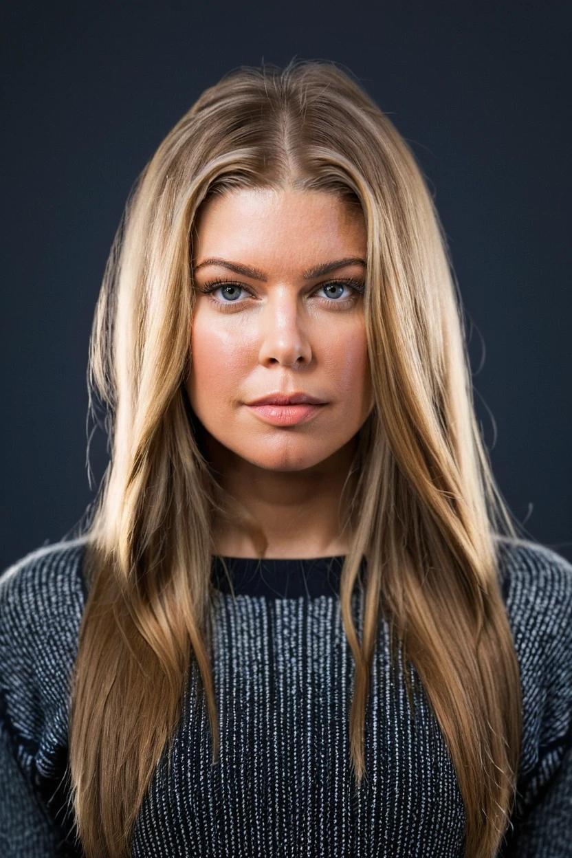 portrait photo of a young ohwx woman,wearing a sweater, long straight hair,cinematic lighting,natural skin,close up,eyelevel,dark theme, plain background  <lora:Fergie-000006:0.8>