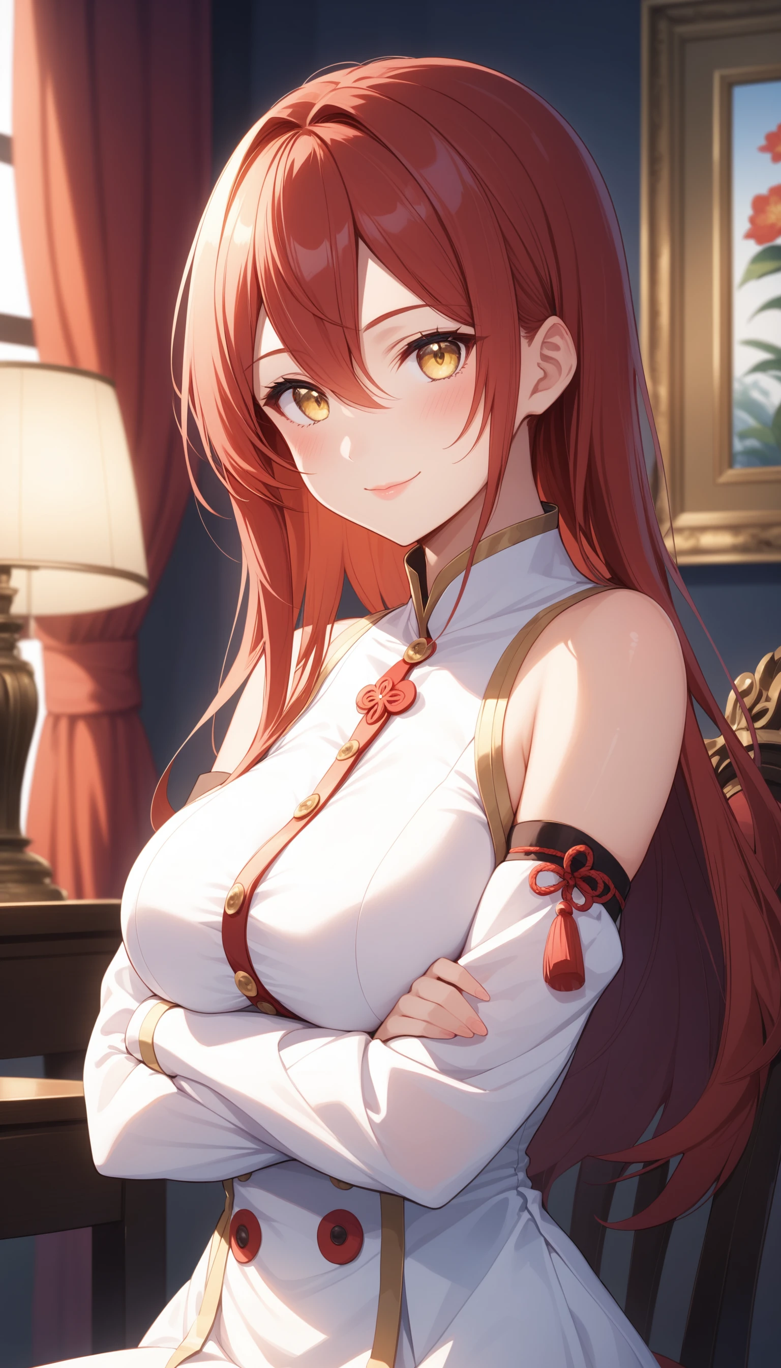 score_9, score_8_up, score_7_up, intricate details,
1girl, solo, long hair, looking at viewer, indoors, crossed arms, smile, detached sleeves, red hair, curtains, large breasts, yellow eyes, bare shoulders, closed mouth, white dress, long sleeves, upper body, dress, lamp, picture frame, blush, window, buttons, flower, sleeveless, sidelocks, hair between eyes, arms under breasts, tassel, lips, chair