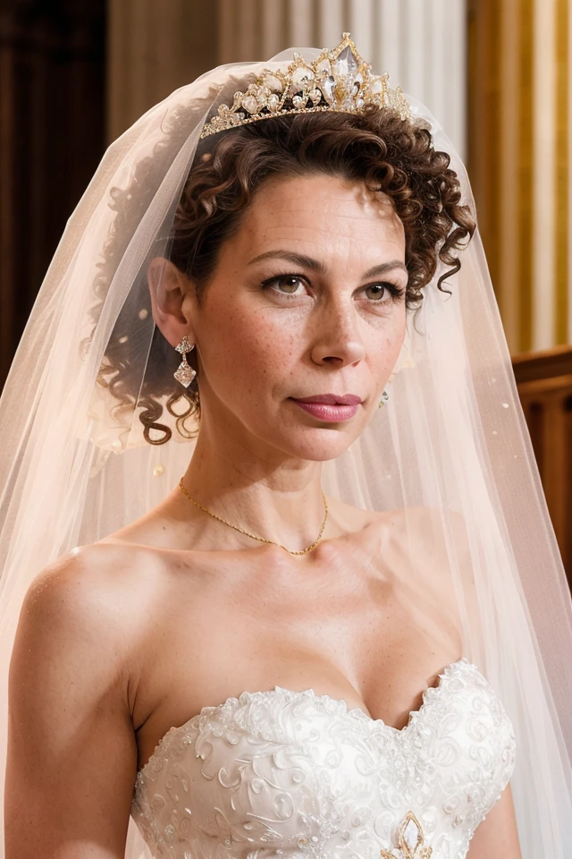 donna_langley, woman, young, bride, white wedding dress, big diamond tiara, veil, perfect brown hair, diamond embroidery, portrait, gold jewelry, diamond earrings, looking at viewer, beautiful face, perfect brown eyes, pouty pink lips, perfect skin, few freckles, best quality, indoors, cathedral, church, soft lighting <lora:donna_langley_512p_nocap_16i_8r_12e_64d_32a:0.5>