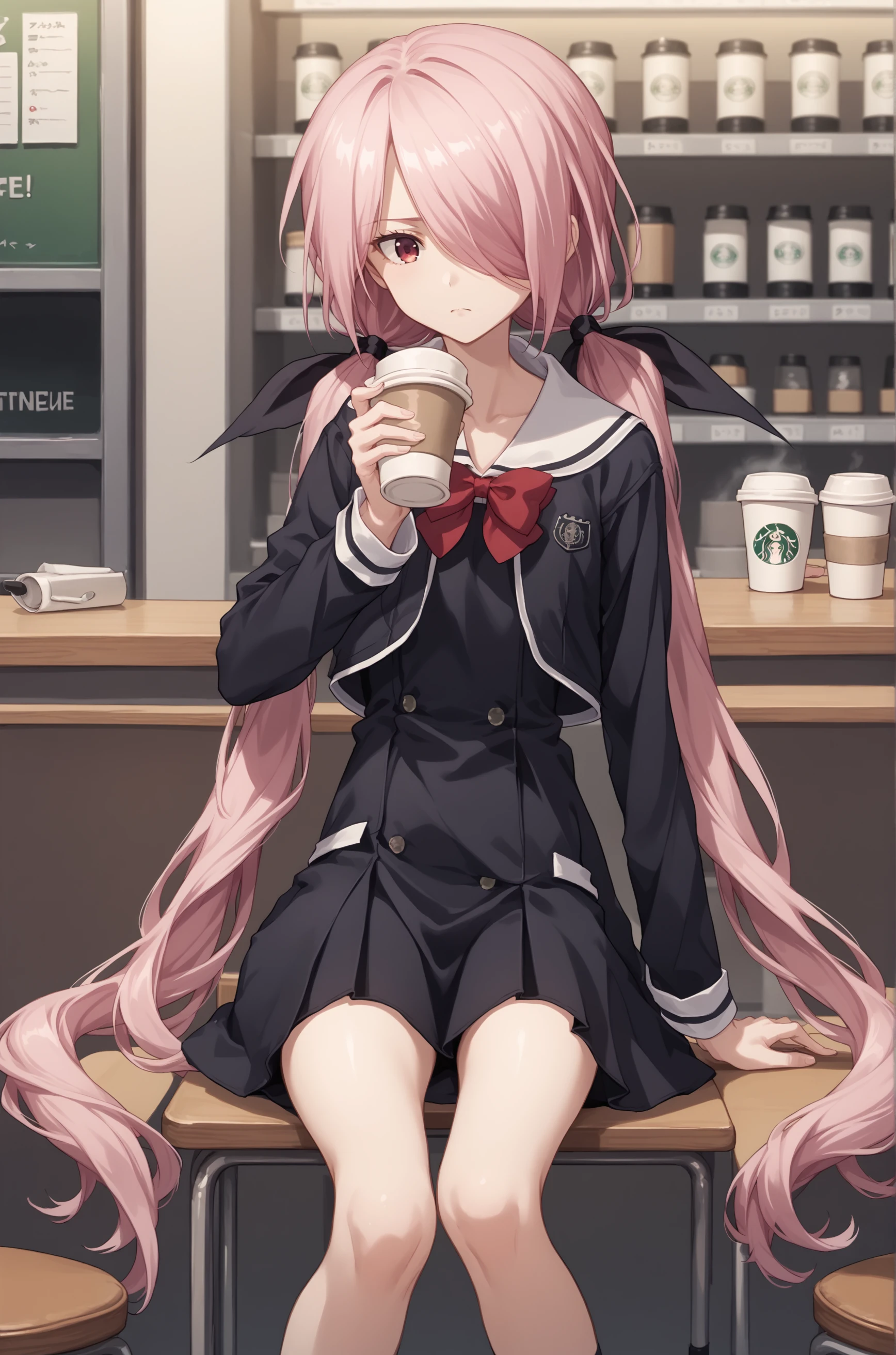 score_9, score_8_up, score_7_up, source_anime, <lora:Senri Minamisawa:0.8> 1girl, hair over one eye, pink hair, low twintails, hair ribbon, black ribbon, || senri minamisawa school uniform, school uniform, black dress, long sleeve, red bow, red bowtie, , sits on chair, coffee shop, holding cup,
