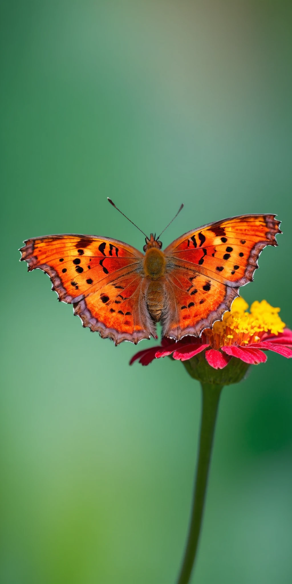 Polygonia C-Album Butterfly, perched on a vibrant flower, detailed, macro photography, natural lighting, Canon DSLR, high resolution, clear focus, vivid colors, minimalist background, soft bokeh, nature photography, 8K UHD,<lora:HMSGå¾®è·è´è¶XL-000010:1>,