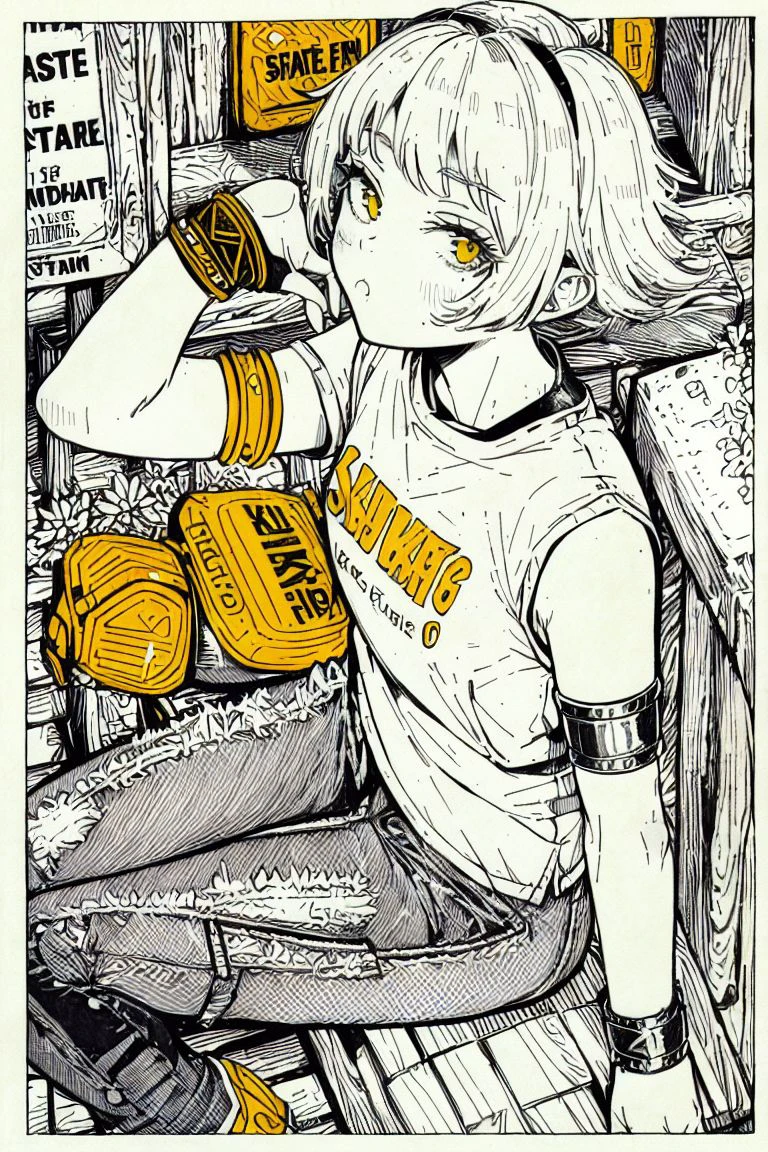 masterpiece, <lora:kitamurashu-56:1>
kitamurashu, 1girl, solo, monochrome, sitting, (single_pantsleg, armlet:1.5), pout, medium hair, white hair, striped shirt, spot color, yellow armlet, yellow eyes, from above, looking at viewer, looking up, outdoors, (park bench, wooden bench, grass, path, outdoors)