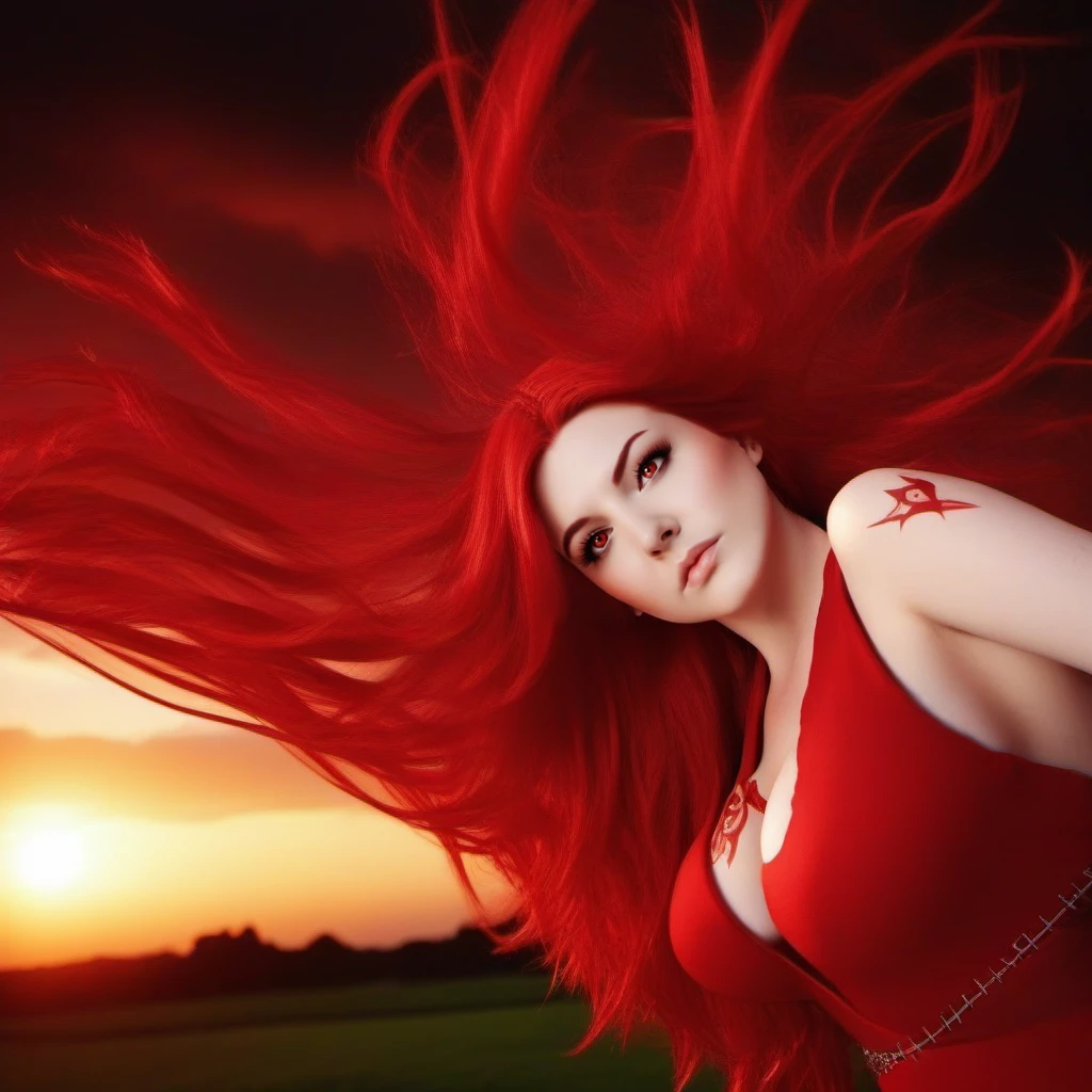 cinematic photo a large breast woman, long red hair, red dress, cleavage, elbow gloves, in a garden, sunset <lora:FlareCorona1024:0.8> . 35mm photograph, film, bokeh, professional, 4k, highly detailed
