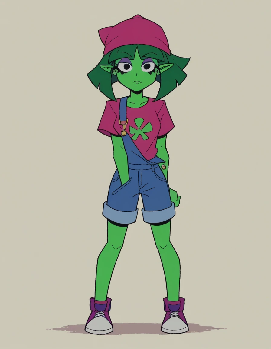 zPDXL, score_9, score_8_up, score_7_up, source_anime, BREAK
1girl, solo, <lora:HandsUp!-20:1>, margo, green skin, green hair, purple eyeshadow, black eyes, bob cut, pointy ears , wearing 90s fashion: baggy denim overalls, colorblock t-shirt, sneakers, wide brim buckethead hat, archer_pose,