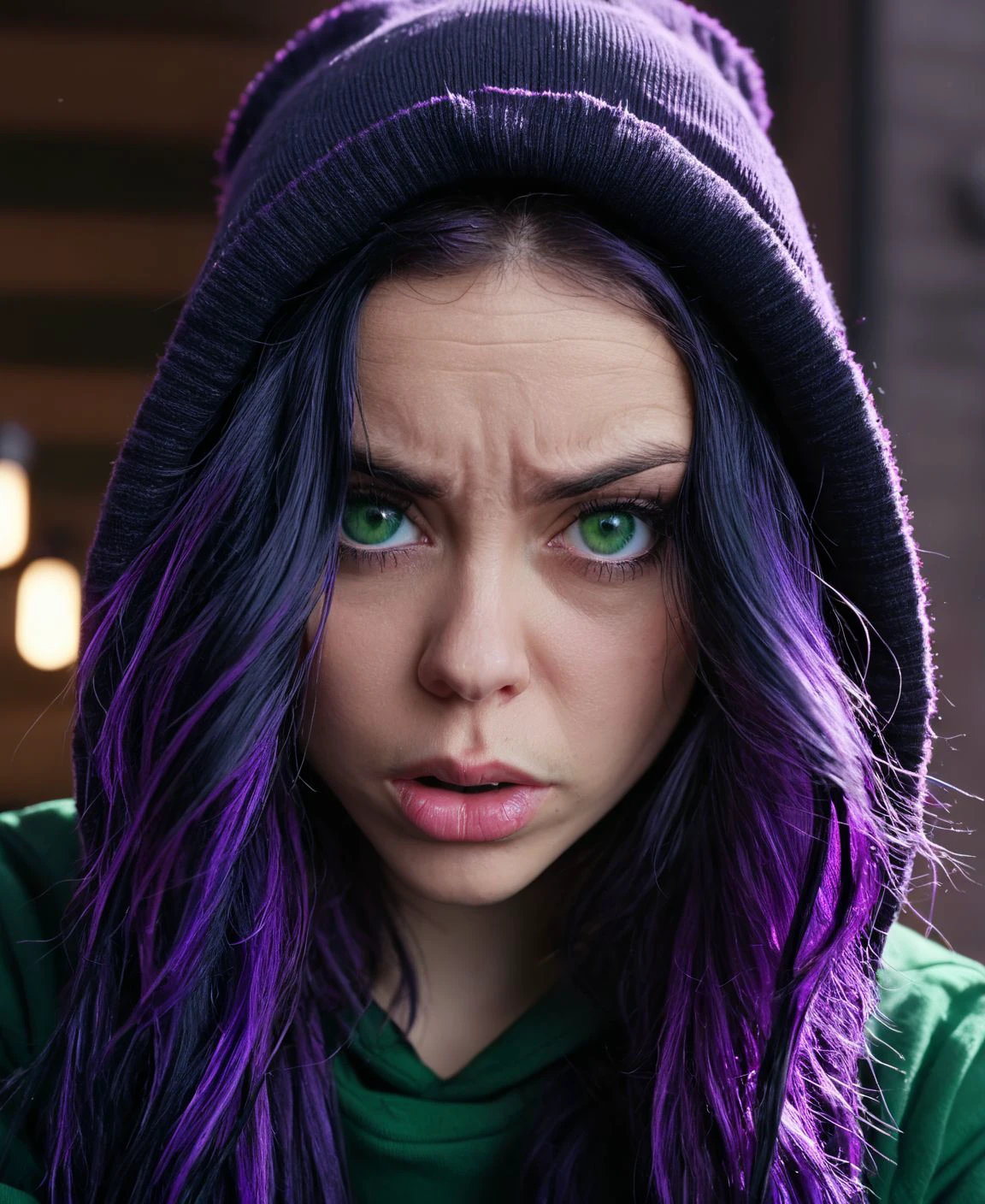 cinematic screencap, great lighting, a hyper realistic young woman with long tousled black and purple hair, facial expression, (pouting:1.3), purple highlights in hair, wearing a black winter beanie, purple hoodie, green eyes lined in black, long lashes,