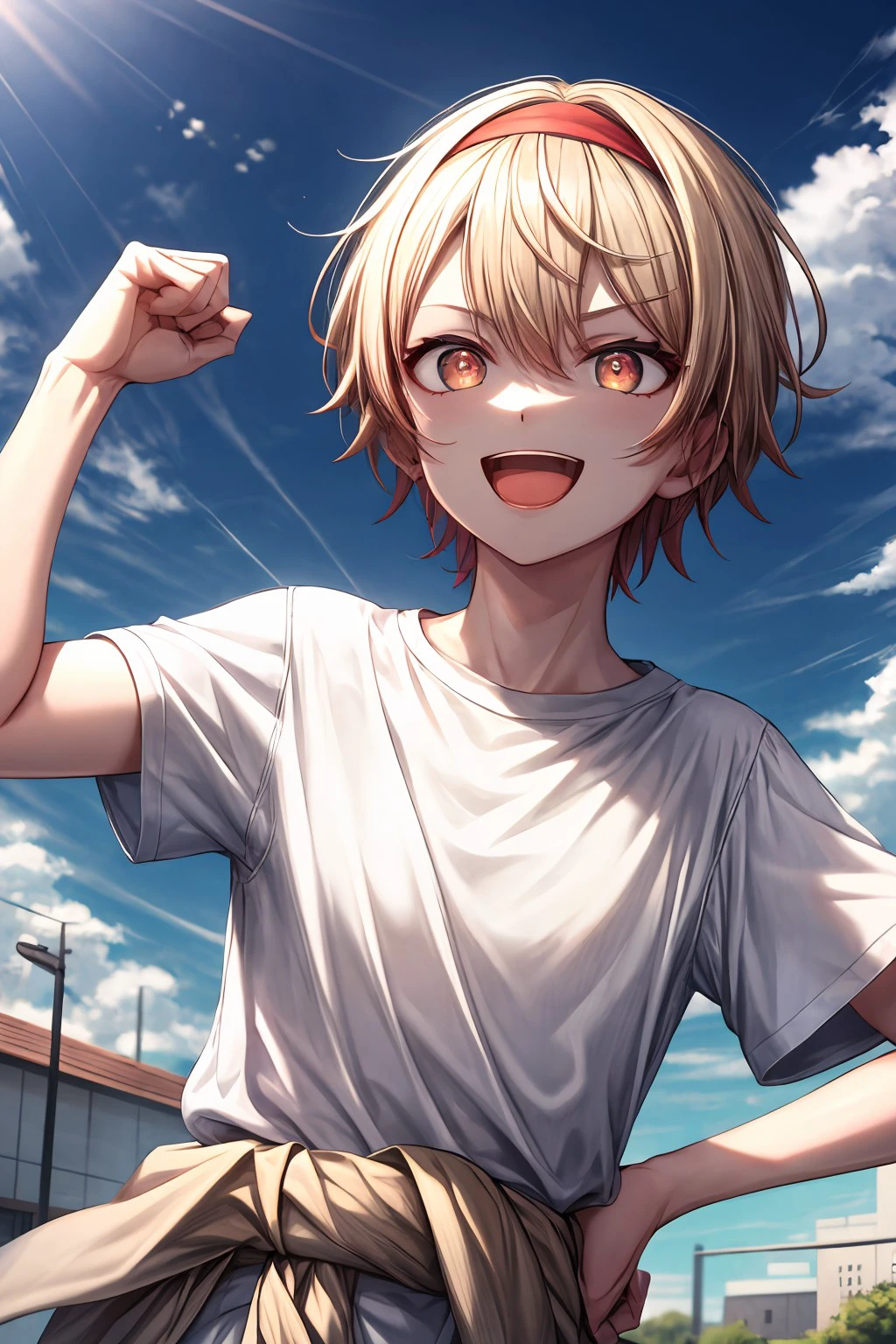 (masterpiece), best quality, expressive eyes, perfect face,tenma_t, smile, open mouth, shirt, white shirt, upper body, short sleeves, :d, outdoors, sky, teeth, day, cloud, blue sky, headband, upper teeth only, clenched hand, clothes around waist, red headband, <lora:42d2fb5a-ed32-4a59-ba8e-eca9276e1d3f:0.7>, <lora:more_details:0.7>