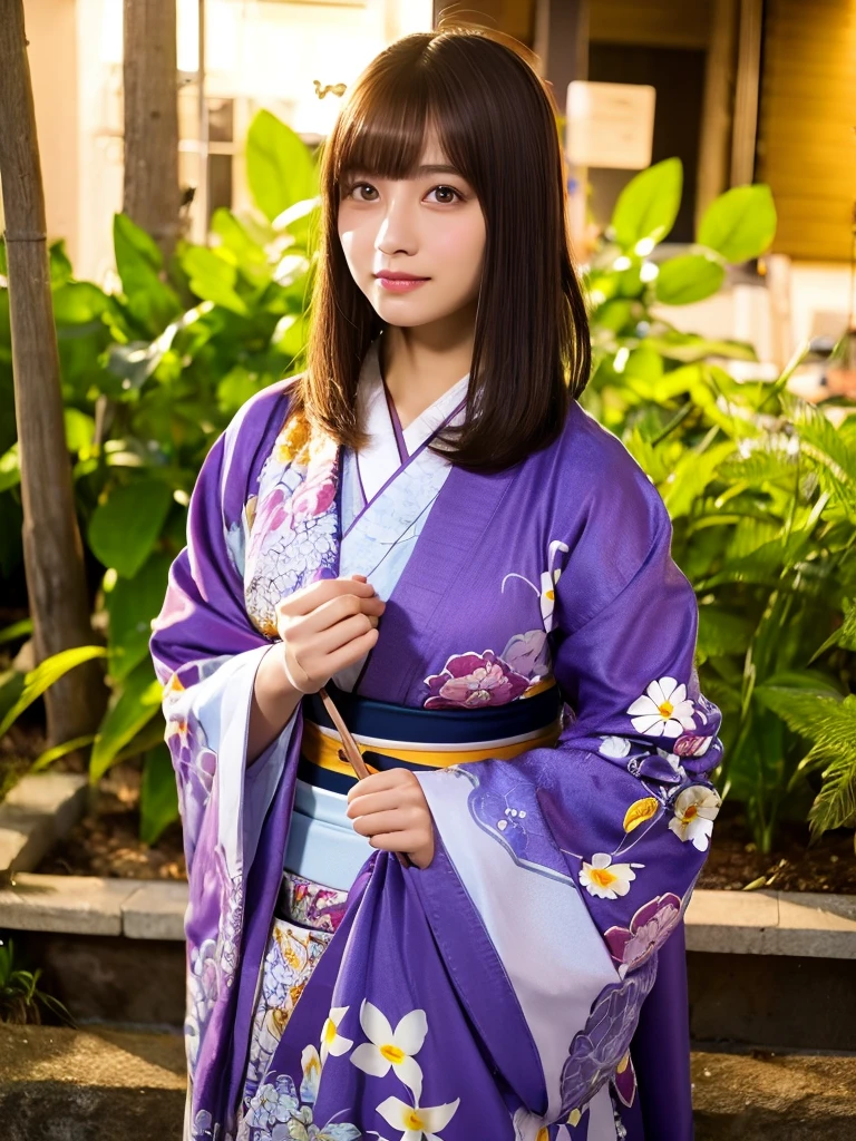 (masterpiece, best quality:1.4), 8k, highres, shiny skin, night garden, 1girl, solo, medium breast, looking at viewer, brown hair, brown eyes, japanese clothes, purple kimono, realistic, photorealistic, kooo123, <lora:hashimoOO_kimono:0.8>
