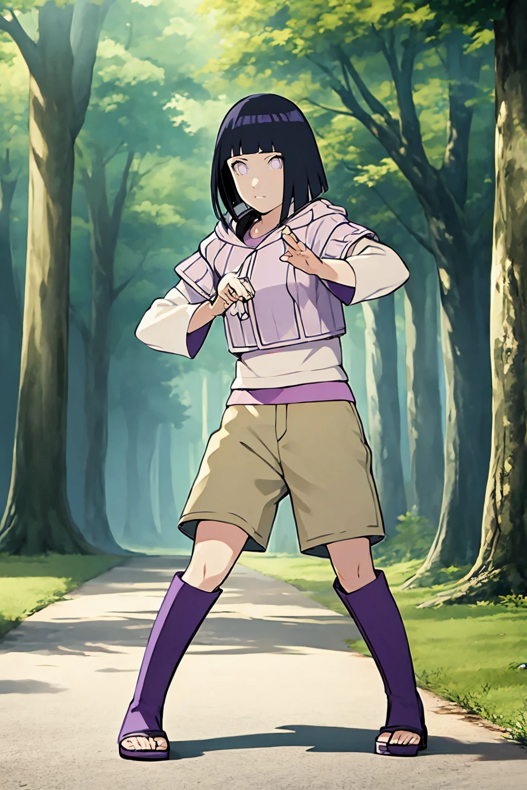 masterpiece, best quality,
hinata_boru, 1girl, black hair, short hair, blunt bangs, hood down, hoodie, layered sleeves, beige shorts,
toeless boots, fighting stance, full body, looking at viewer, solo, standing, outdoors, forest <lora:Hinata:1>