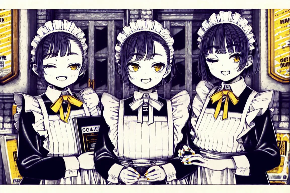 masterpiece, <lora:kitamurashu-56:1>
kitamurashu, smile, short hair, open mouth, multiple girls, long sleeves, dress, bow, ribbon, holding, monochrome, yellow eyes, upper body, frills, one eye closed, indoors, 3girls, blunt bangs, bowtie, nail polish, apron, black dress, maid, maid headdress, window, neck ribbon, border, plant, white apron, white border, yellow bow, maid apron, spot color, outside border, pocket, frilled apron, yellow ribbon, collared dress, brick wall, yellow bowtie, yellow nails, menu