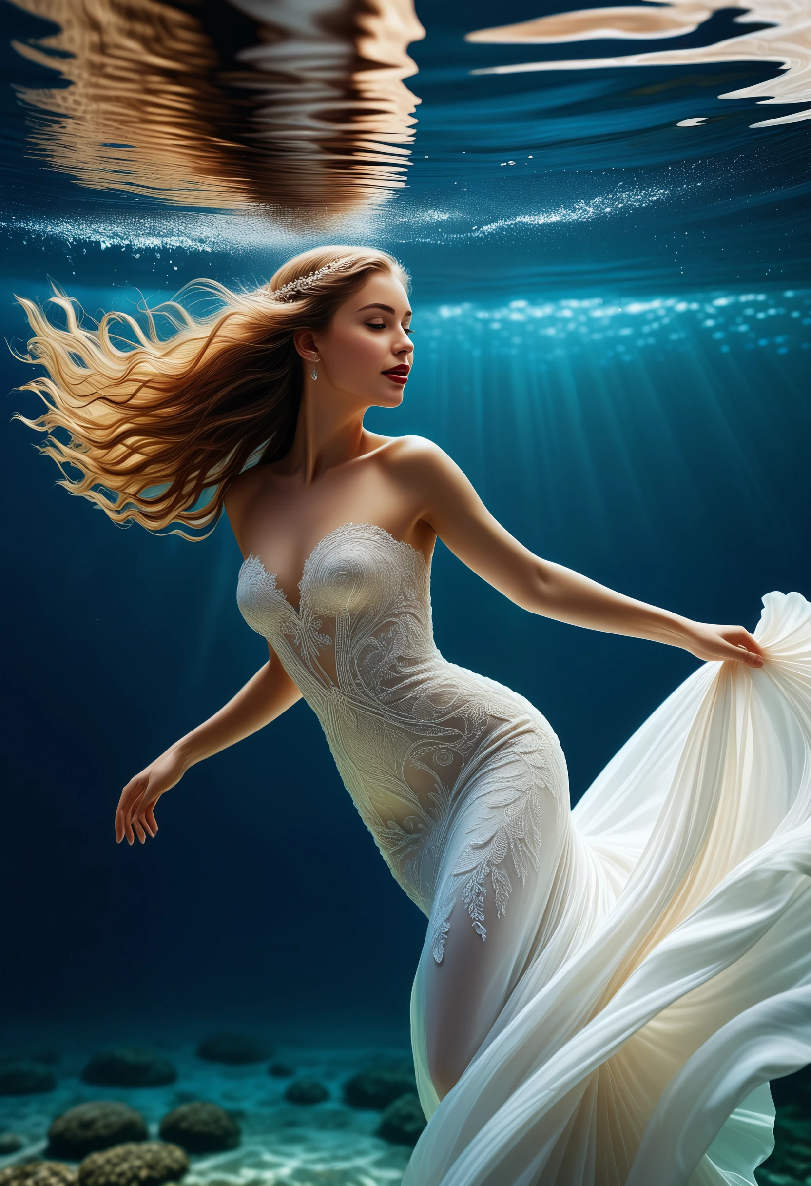 Capture the ethereal beauty of a bride swimming gracefully underwater, viewed from below the surface. The bride, dressed in an elegant, flowing white gown, moves with a fluid grace reminiscent of a mermaid. The fabric of her gown billows around her like a cloud, illuminated by soft rays of sunlight filtering through the water. The intricate lace details of her dress shimmer in the aquatic light, adding a touch of delicacy and sophistication to the scene. Her hair, adorned with delicate pearls and shimmering crystals, flows around her like a silken veil, creating a mesmerizing halo of beauty. The bride's serene expression exudes a sense of peace and tranquility as she glides effortlessly through the crystal-clear water, surrounded by a school of colorful, tropical fish that dart playfully around her, adding a whimsical touch to the enchanting underwater tableau.
<lora:detailed_notrigger:0.8>, BREAK, great composition, UHD, 8K, 32k,