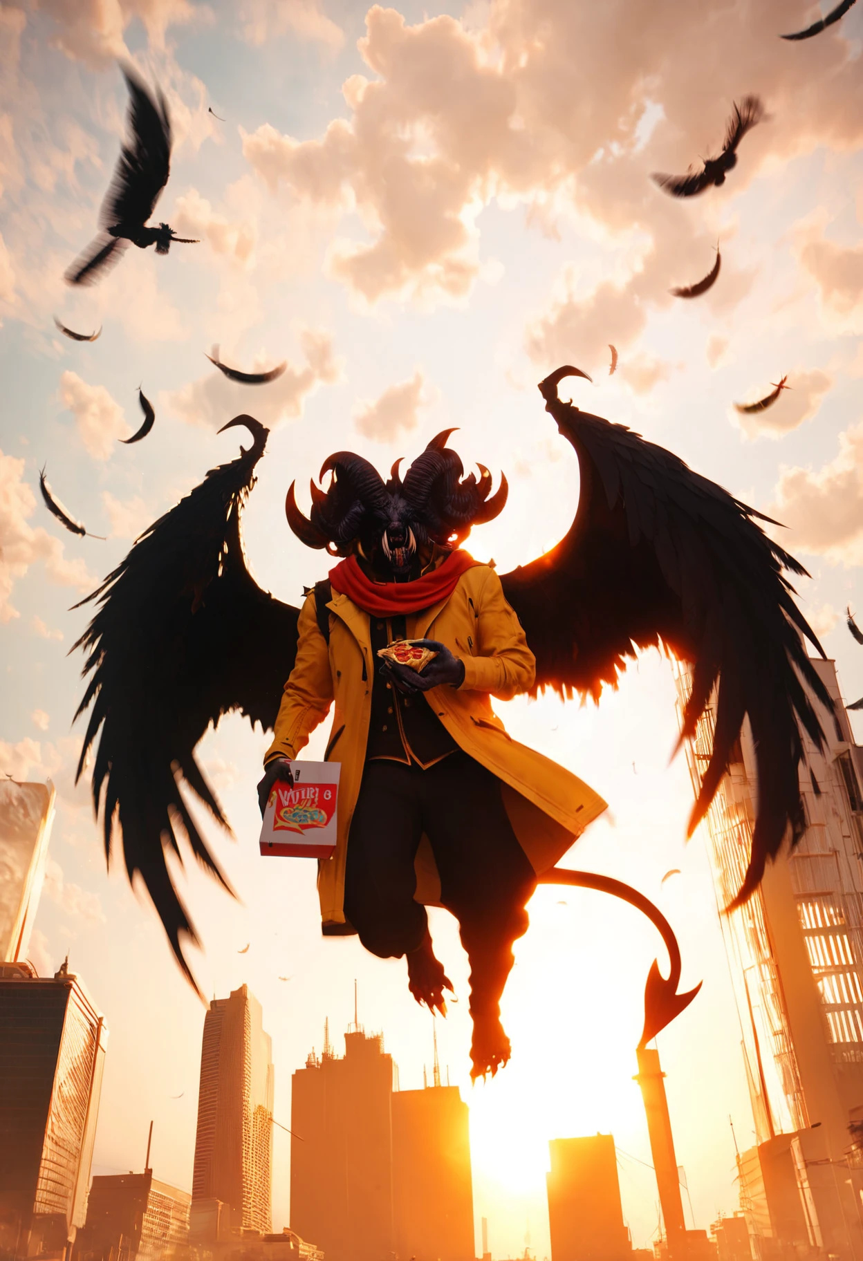 masterpiece,best quality,highly detailed,score_9,score_8_up,score_7_up,score_6_up,highly detailed,cinematic,
BREAK
<lora:MohgPony1.0:0.8>,mohg,holding a big (pizza box:1.2) with both hands,yellow jacket,red scarf,demon horns,one eye covered,black wings,claws,sharp fingernails,looking up,falling feathers,colored skin,
motion blur,motion lines,skyscraper,cityscape,
from below,full body,sunlight,flying,cloudy sky,, masterpiece, fantasy, digital art, highly detailed, overall detail, atmospheric lighting, Awash in a haze of light leaks reminiscent of film photography, awesome background, highly detailed styling, studio photo, intricate details, highly detailed, cinematic, <lora:MJ52:0.6>,