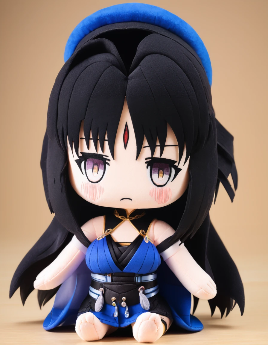 close view of y4ngy4ng, sarashi,
large breasts, very long black hair,
cute,suprised,
masterpiece, 
 <lora:y4ngy4ng:1>
 <lora:woafu_plushify_sdxl_v02:0.8> plushify, character stuffed toy, chibi