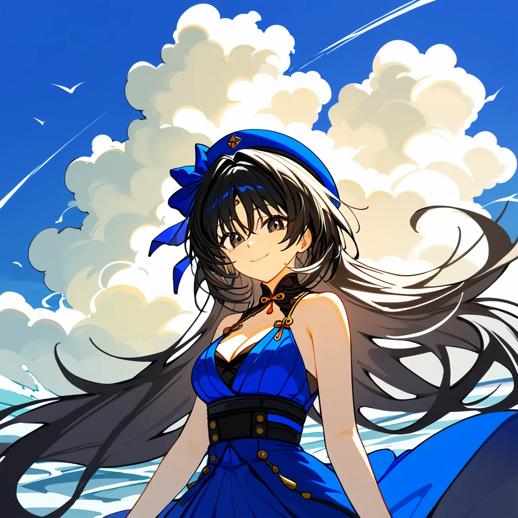 1girl,
yangyang \(wuthering waves\),
solo, rating safe, outdoors, blue ribbon, looking at viewer, long hair, ribbon, blue dress, hair between eyes, black hair, cleavage, cloudy sky, hat ribbon, smile, blue sky, breasts, black eyes, dress, day, cloud, bare shoulders, medium breasts, closed mouth, sky, hat, blue hat, upper body,
masterpiece, best quality
<lora:mki-pony-yangyang-v2:1>