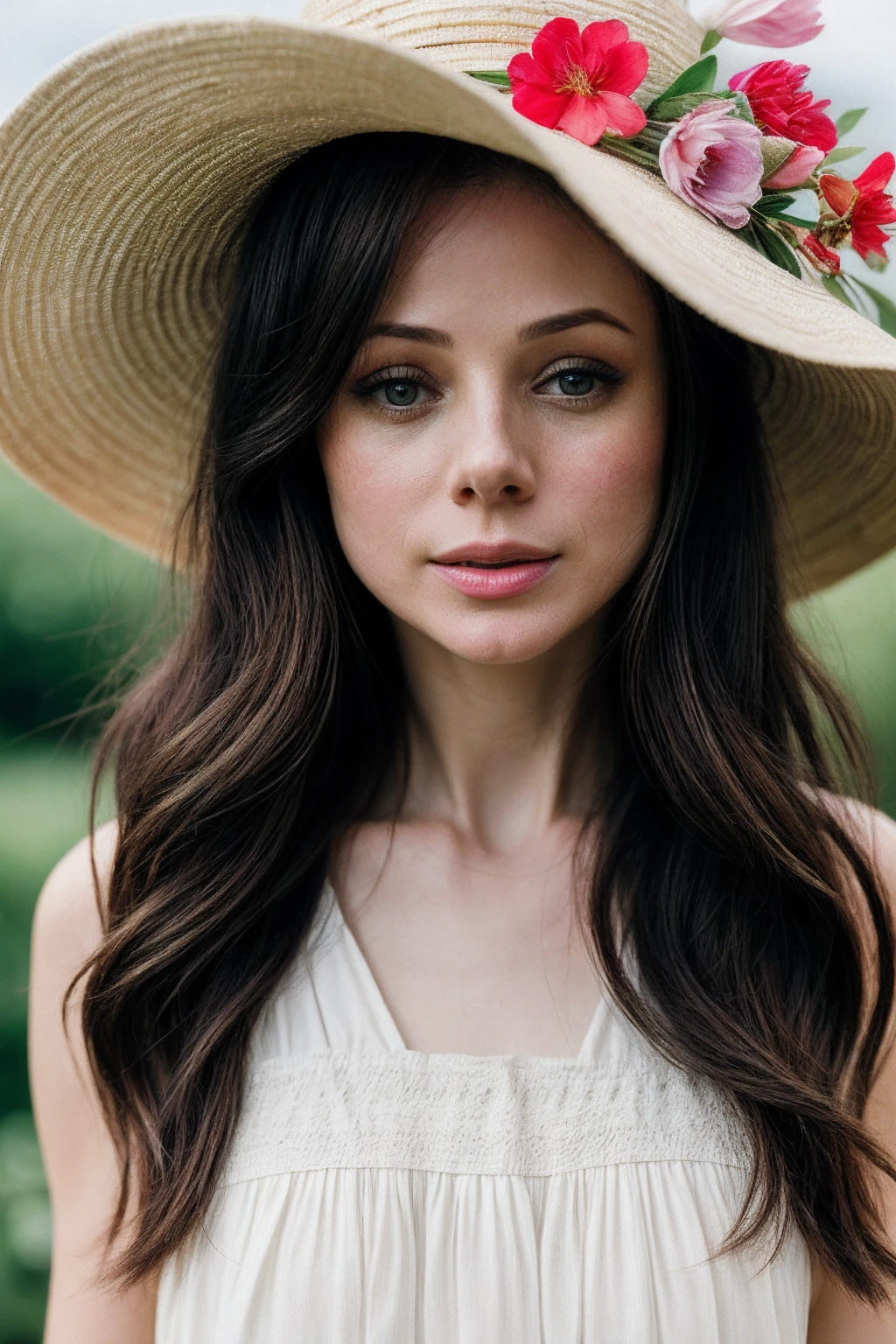 BrookeW_SoloTI_v1, PA7_Portrait-MCU,
(Wearing a flowing floral sundress with a wide-brimmed straw hat and delicate sandals adorned with flower accents, accessorized with a woven basket filled with freshly picked flowers),
(Roaming through a picturesque flower garden, with colorful blooms swaying in the gentle breeze and the sweet fragrance of blossoms perfuming the air, where every pathway leads to a new burst of floral beauty: 1.3),
(seductive:1.3),(analog, cinematic, film grain, hazy atmosphere, cinematic shot:1.3), 
 <lora:add_detail:0.6>,<lora:LowRa:0>