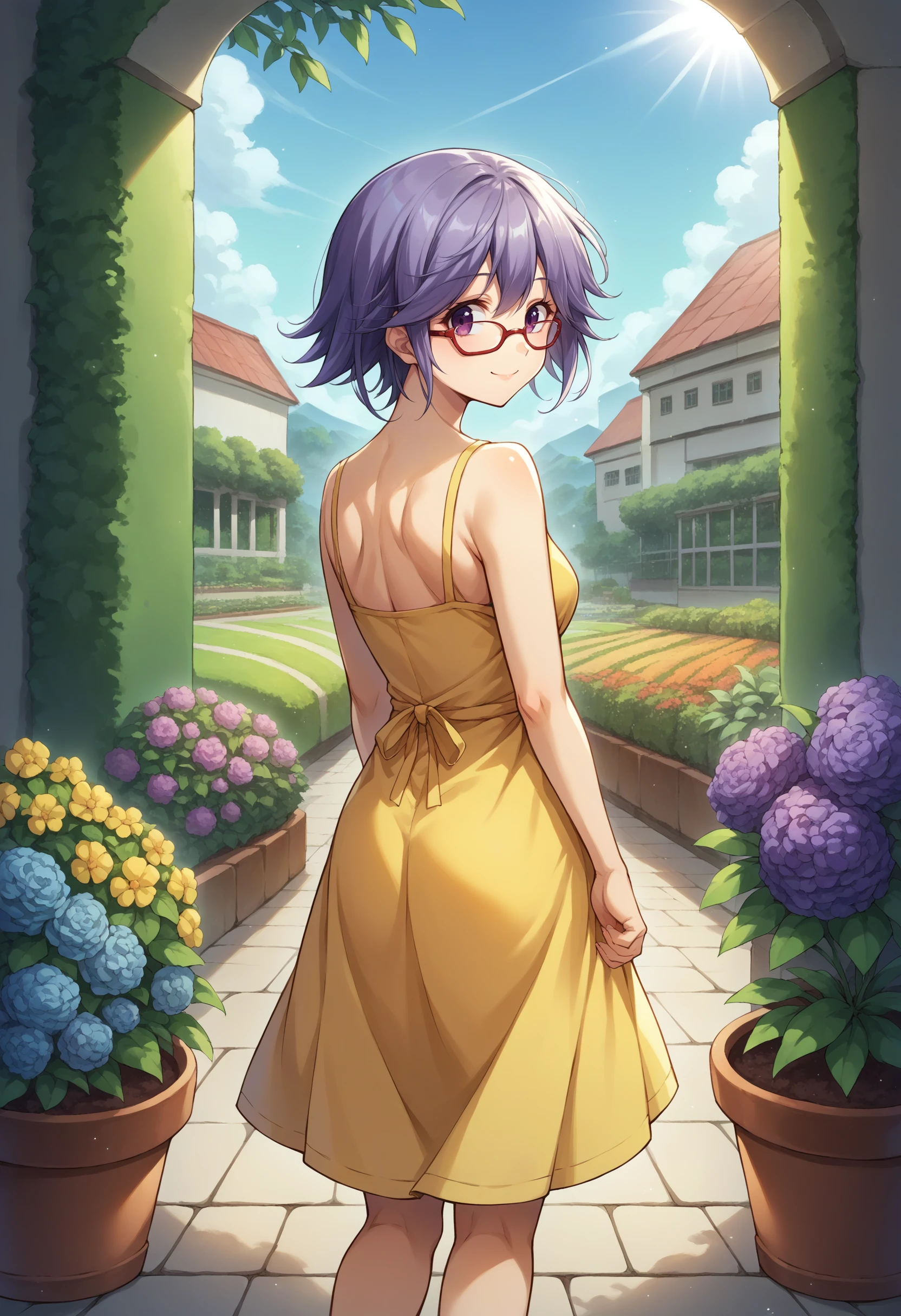 score_9, score_8_up, source_anime, 1girl, solo, KazukiHana, short hair, glasses, from behind, yellow sundress, garden, day, sunshine, smile, looking back, <lora:ChamHanaKazukiPonyXL:1>