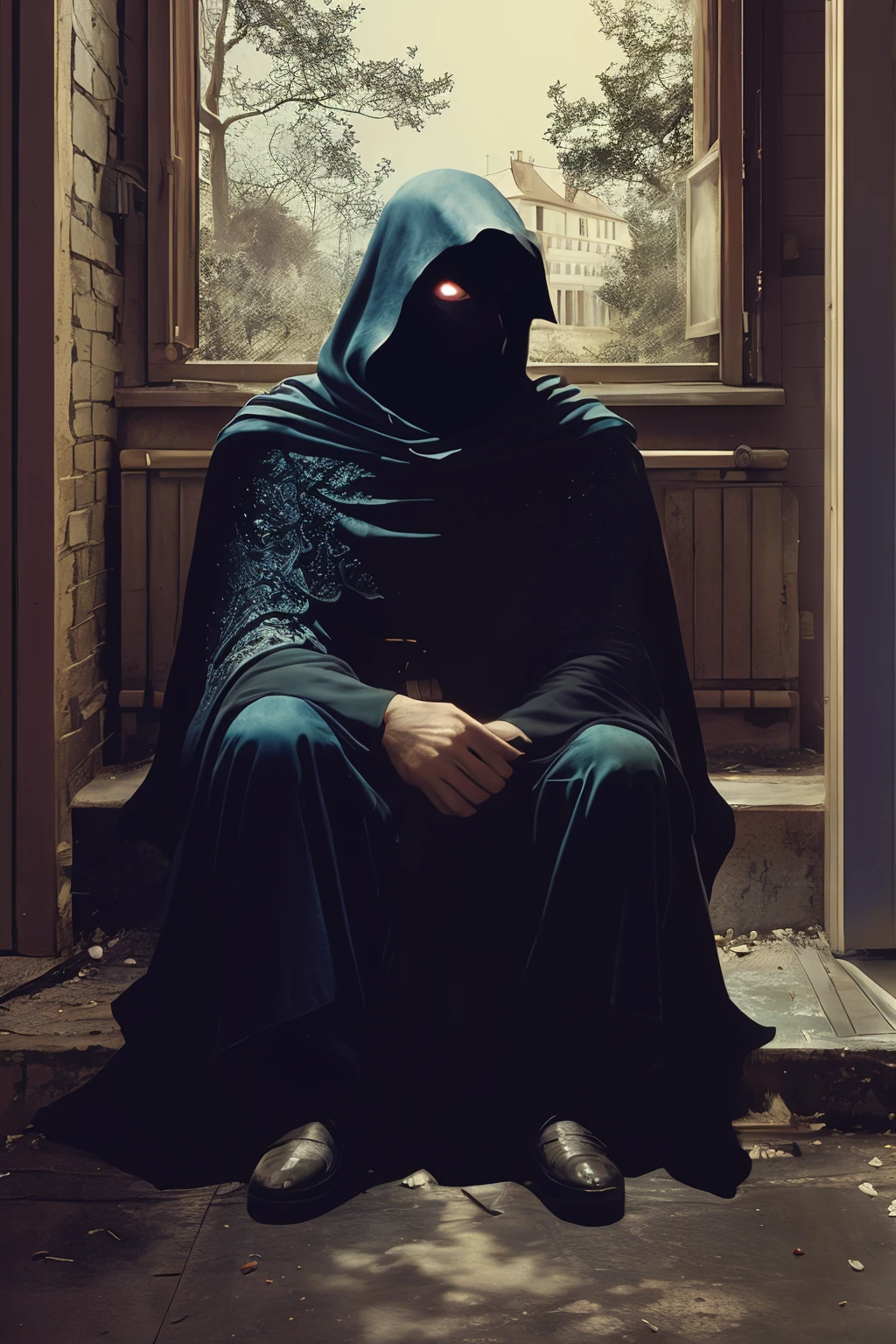 masterpiece,best quality,<lora:tbh156-:0.7>,illustration,style of Philip Lorca diCorcia, Nazgul over sleeping town