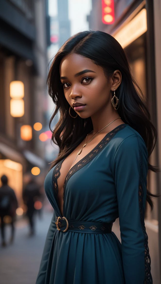 | 8k, High_Res, Intricate_Detail, Sharp_Focus, Tack_Focus, FujiFilm_XT3, Award_Winning, Professional_Photograph, Cinematic, Absolute_Reality, Real_Life, Life_Like, True_to_Life, |
| A Gorgeous Young African-American girl, Long_Black_Voluptuous_Hair, Brown_eyes, (Dark_Black_Skin:1.2), |
| Elegant_Flowing_Baby_Blue_Dress, |
| Night_Life, City_Street,  |
| Ambient_City_Lighting, Rim_Lighting, _Ray_Tracing, Bold_Shadows, Crepuscular_Lighting, Natural_Lighting, |
| (Enhance_Detail:1.2), (Enhance_Lighting:1.2), (Enhance_Lighting_Effects:1.2), (Crisp_Clear_Bold_Lines:1.2), (Highly_Intricate_Detail:1.2), (Enhance_Shadows:1.2), (Define_Layers:1.2), (Depth:1.2), (Sharpen:1.2), (Enhance_Color:1.2), |
| <lora:locon_perfecteyes_v1_from_v1_64_32:0.2> perfecteyes eyes, <lora:add_detail:0.5>, | <lora:anylust_epoch_1:1>