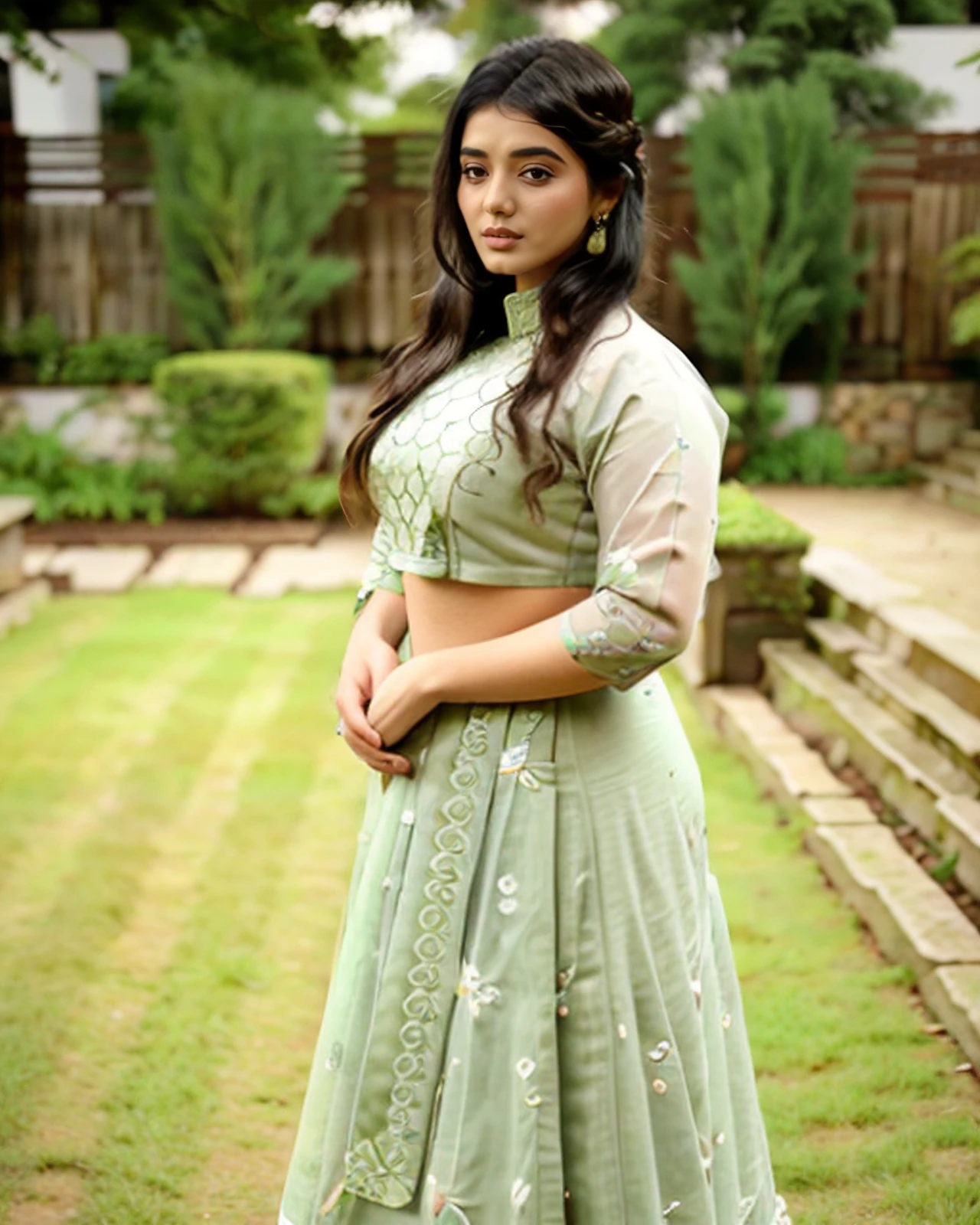 full body photo of a ktka woman, wearing intricate Sage Anarkali Suit, solo, light lipstick, outdoors garden in background bokeh    <lora:ktka_Ketika_Sharma_SD15_LoRA_prodigy_local_regs_50epochs-000040:1>