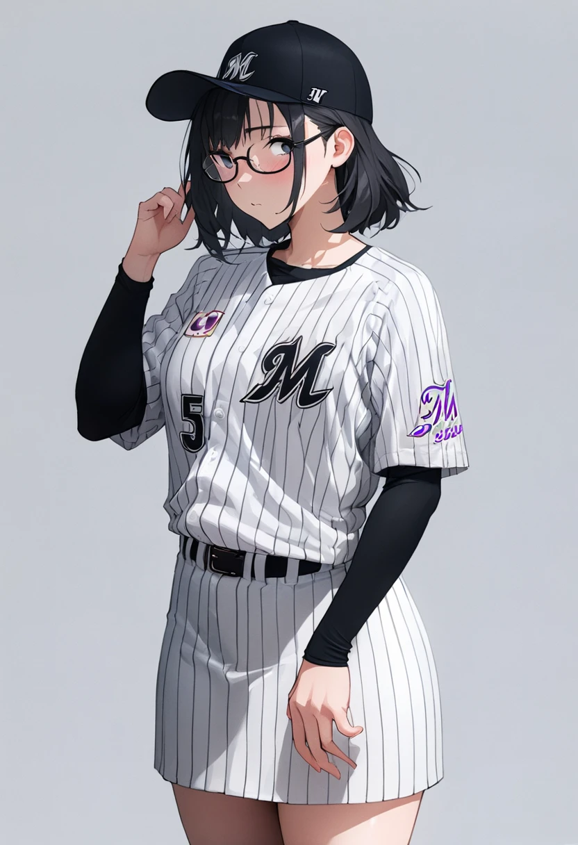 masterpiece, best quality, very aesthetic, absurdres,
1girl, solo, glasses, black hair, medium hair, denim, skirt,
chibalotteU, baseball cap, baseball uniform, standing, shirt, grey background, simple background,
<lora:ChibaLotteMarinesUniformH_SDXL_V1:1>