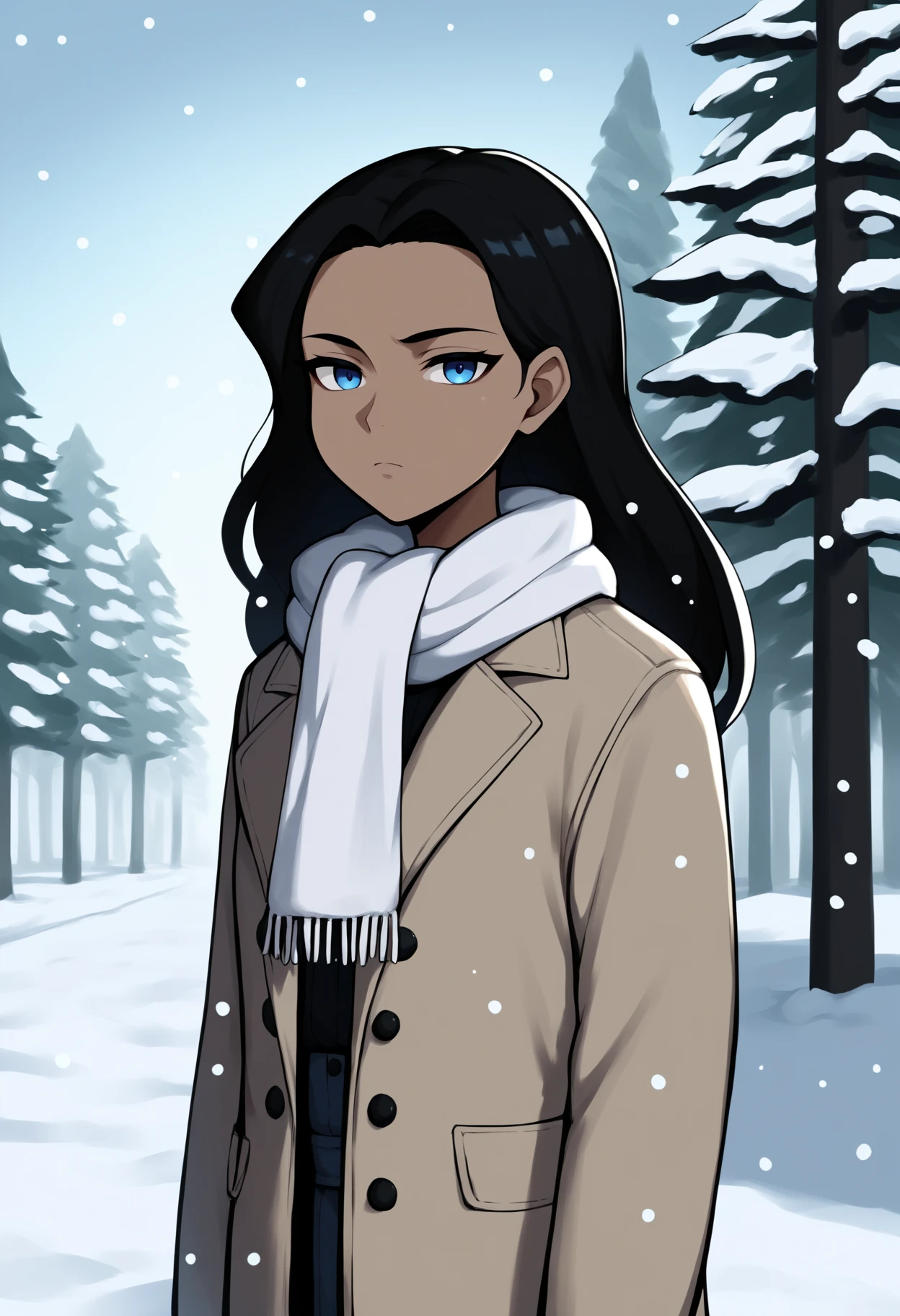 score_9, score_8_up, score_7_up, score_6_up, score_5_up, score_4_up, BREAK, source_anime,
1girl, wwkd standing outdoors in the snow during the winter, wwkd,
black hair, long hair, blue eyes, dark skin,
winter clothes, white scarf, coat,
expressionless, looking at viewer, outdoors, snow, snowing, solo, tree, winter   <lora:WonderWomanKidsXLv2:1>