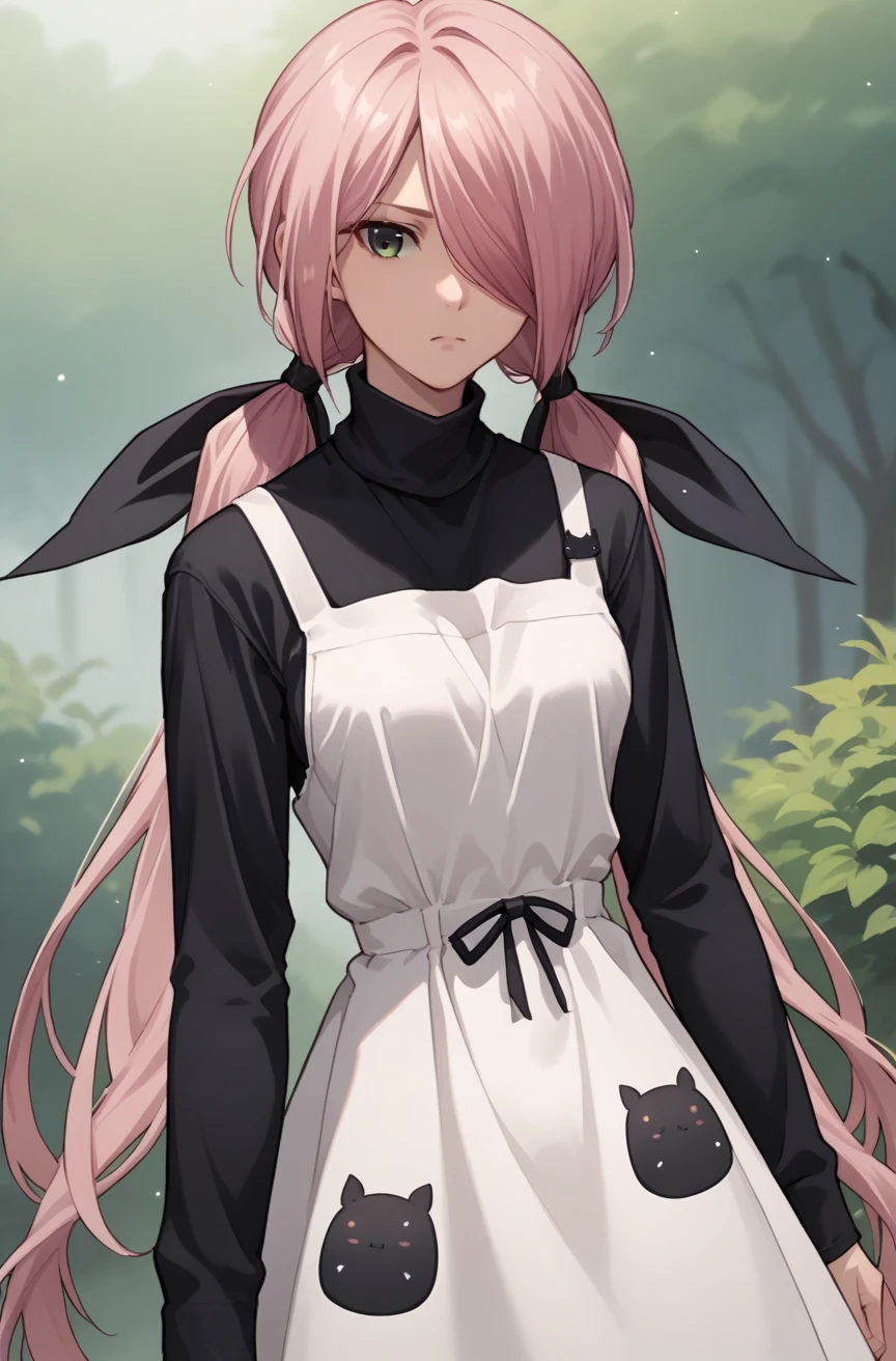 score_9, score_8_up, score_7_up, source_anime, <lora:Senri Minamisawa:0.8> 1girl, hair over one eye, pink hair, low twintails, hair ribbon, black ribbon, senri minamisawa turtle neck, turtleneck, white apron, black dress, long sleeve