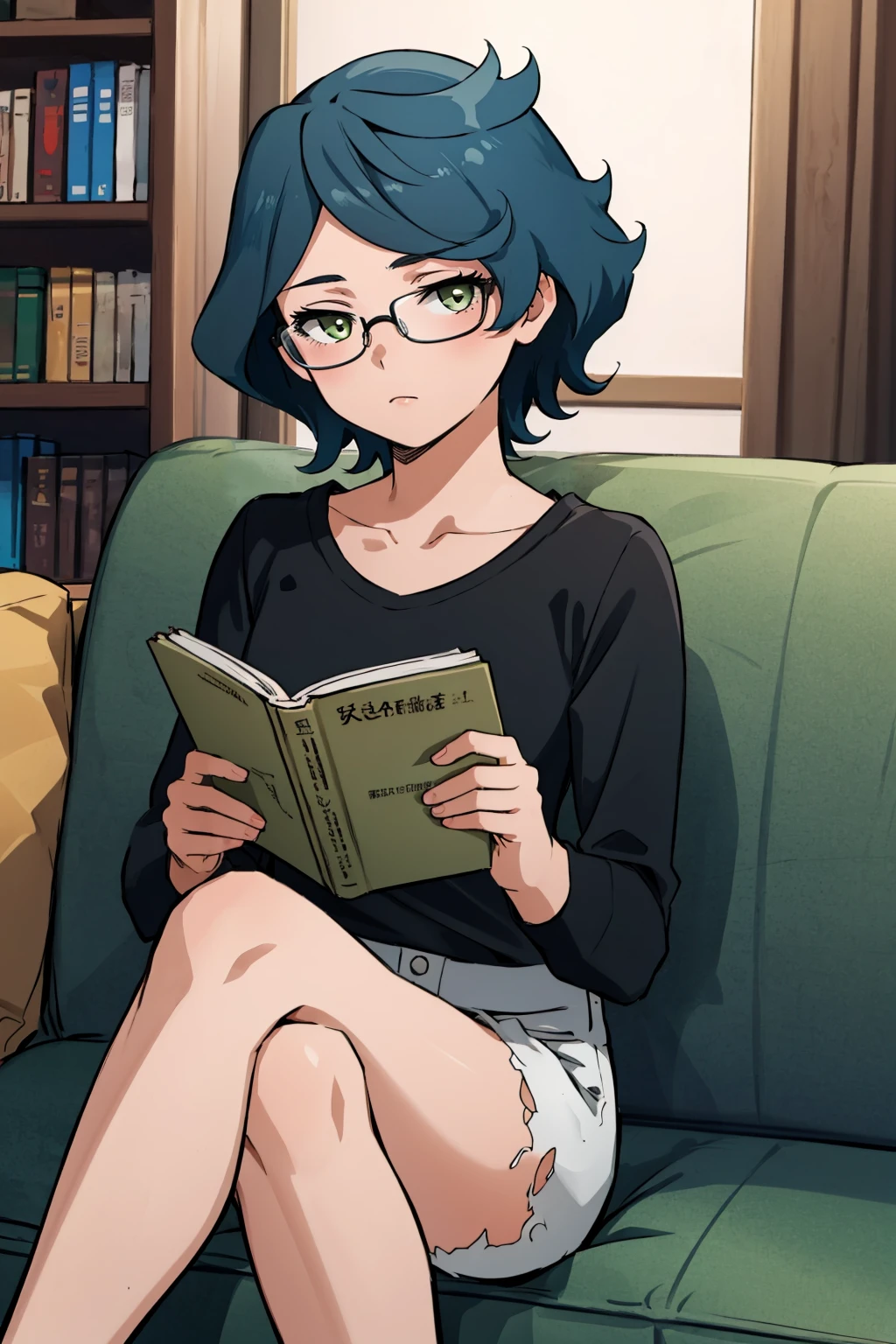 masterpiece, best quality, 1girl,  <lora:noreadunoc-nvwls-v1-000009:1> noreadunoc, black shirt, long sleeves, white shorts, torn shorts, sitting, couch, glasses, looking at viewer, bookshelf